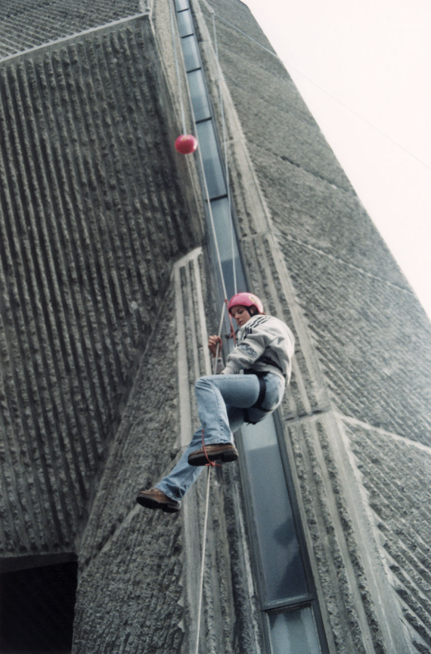 Central Institute of Technology; open day; Amanda Young climbs lecture theatre tower.