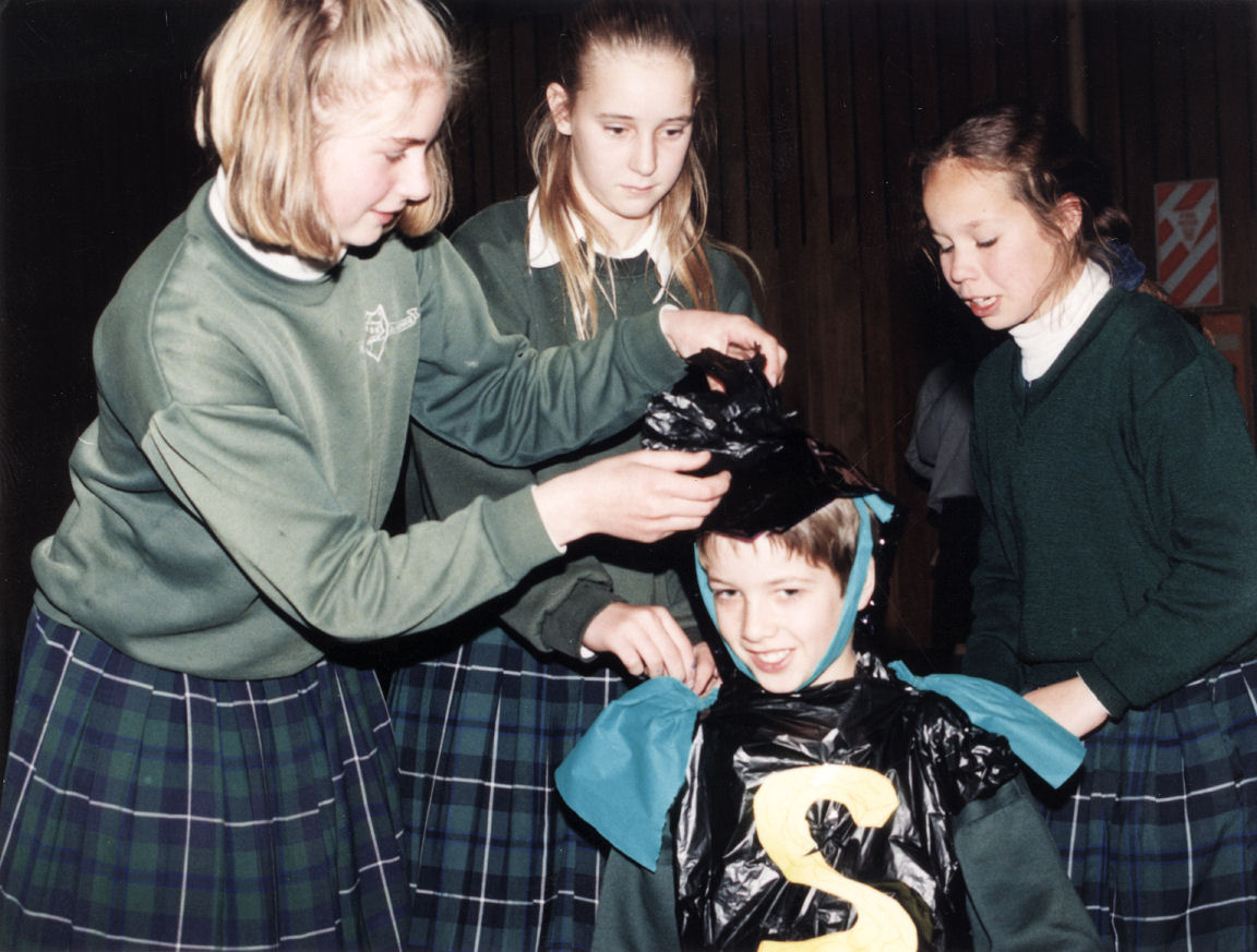 St Brendan's School; BP Technology Challenge; Benjamin McKernan dressed up outlandishly by schoolmates.