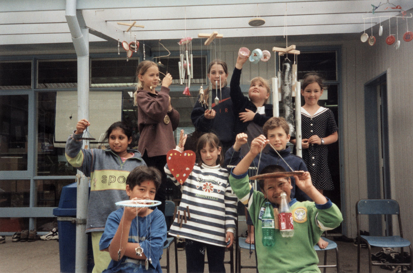 Maoribank School; children from Room One proudly show off their windchimes.