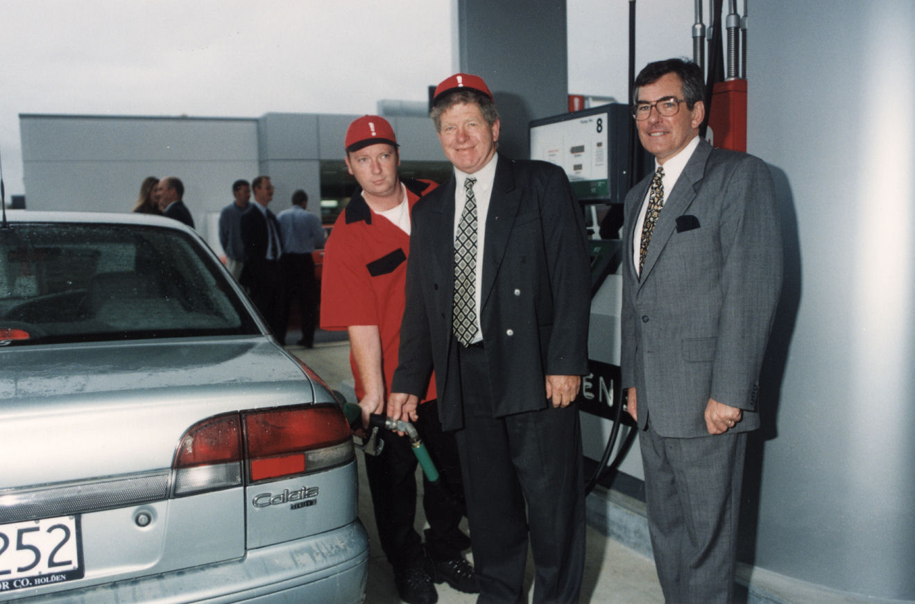 Challenge! service station, Quinn's Post corner; first customer Mayor Rex Kirton.