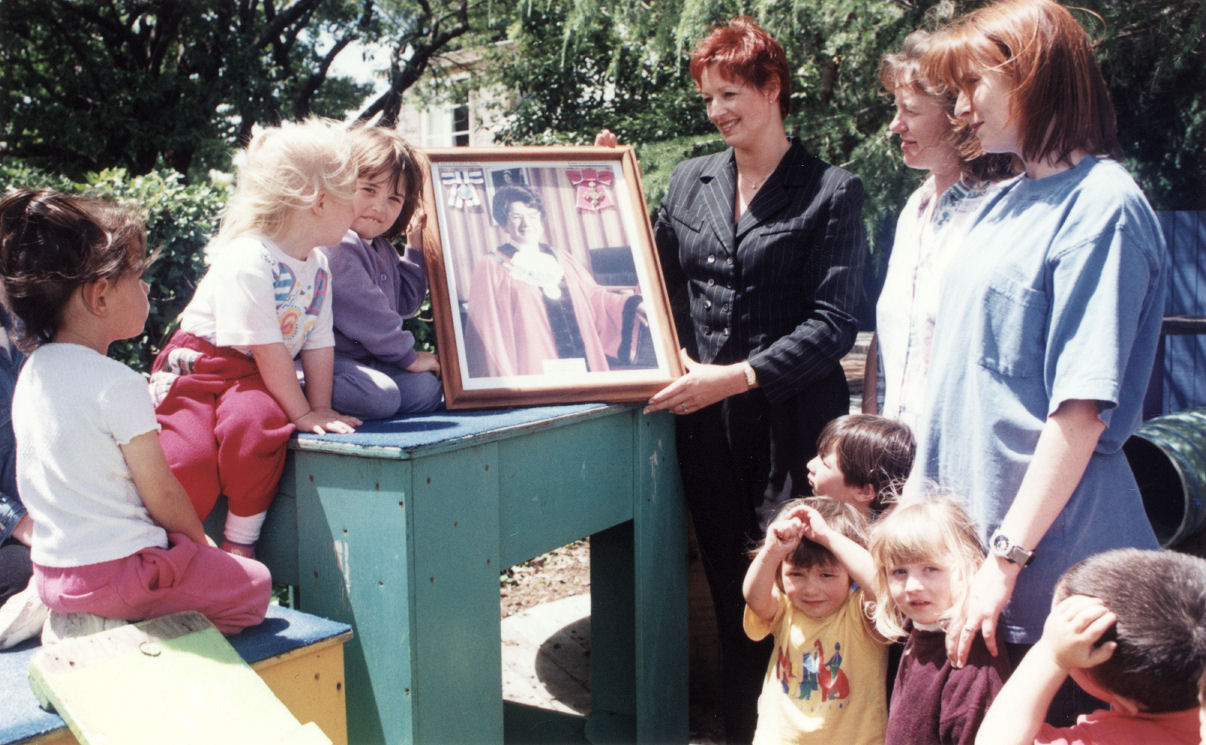 Doris Nicholson Kindergarten; grand-daughter Tania Wright, N Z Free Kindergarten Association president, visits.