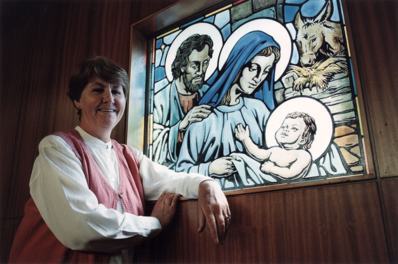St Joseph's Catholic Church of 1965; interior; Maureen Clegg and re-painted etched windows.