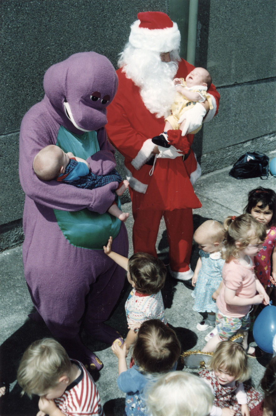 Salvation Army; Barney the Dinosaur and Santa at "Move to the Music" playgroup.