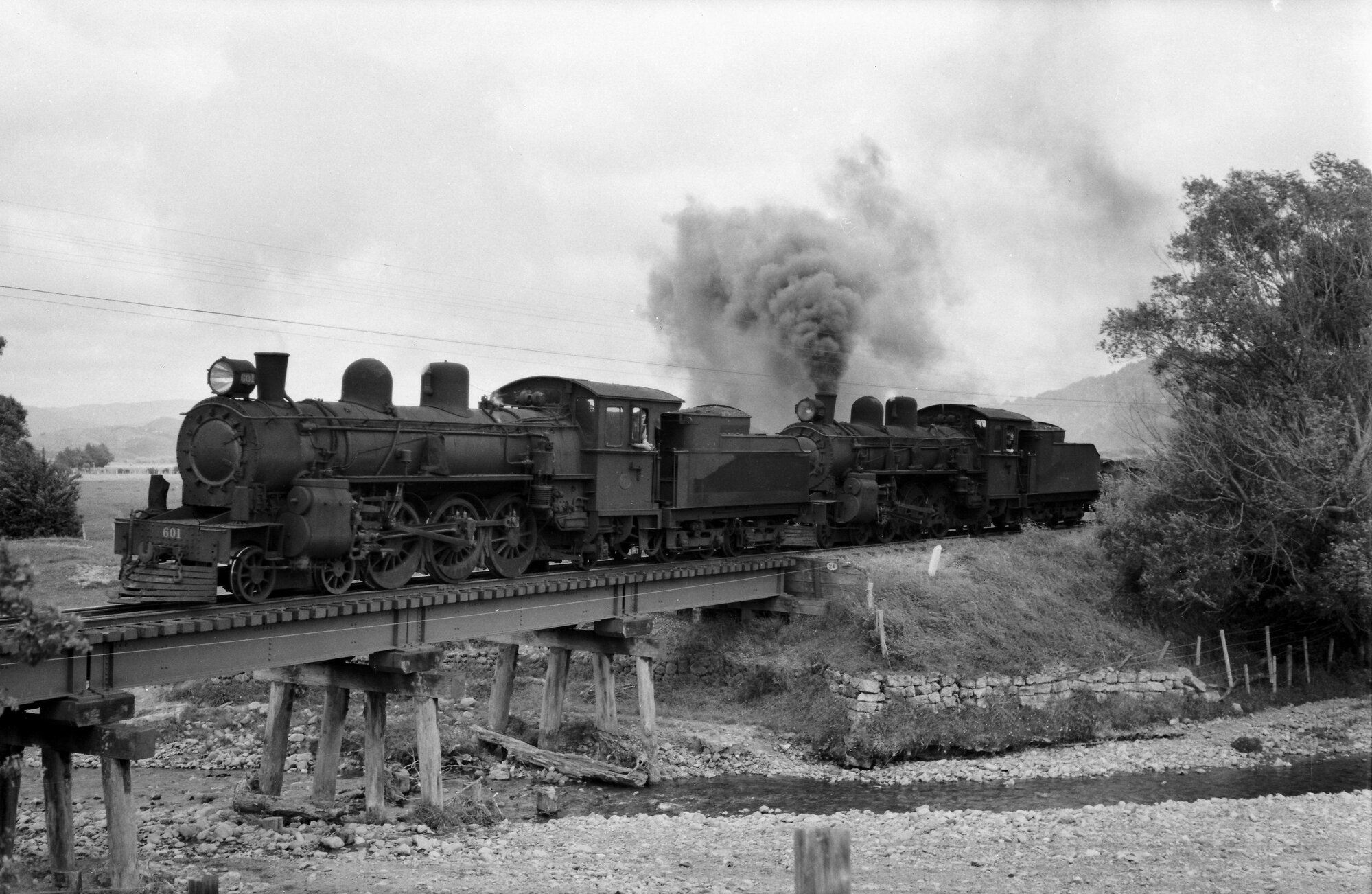 A-class 4-6-2 locomotives with goods train in the Mangaroa Valley - 1950s.