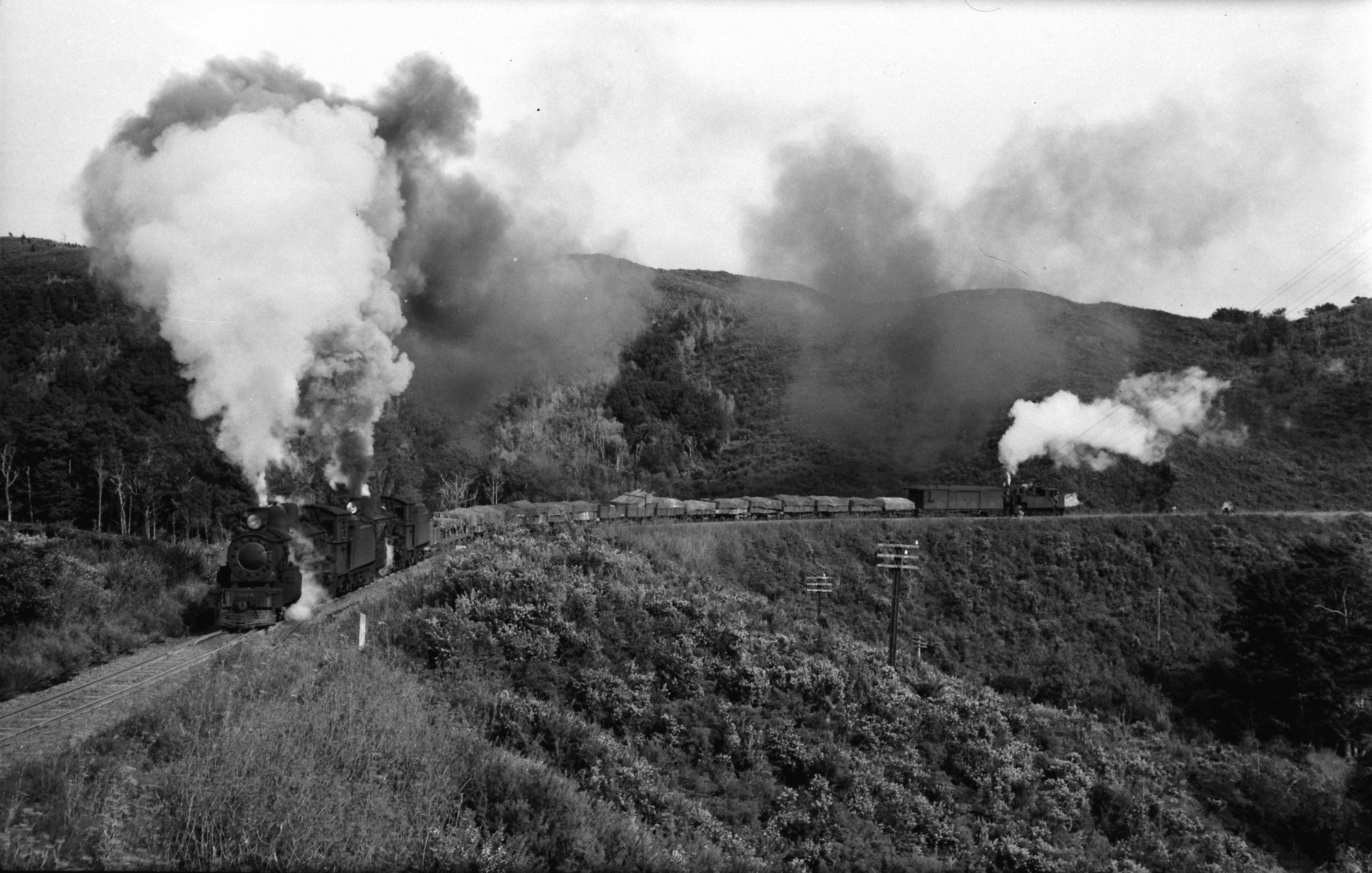 A-class locomotives No. 604 &amp; 606 heading train north of Upper Hutt - c1954.