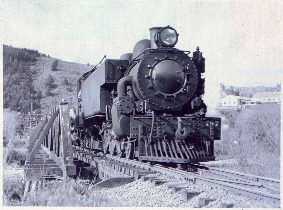 Wab-class locomotive No. 797 with work train; crossing Silverstream bridge - c1950.