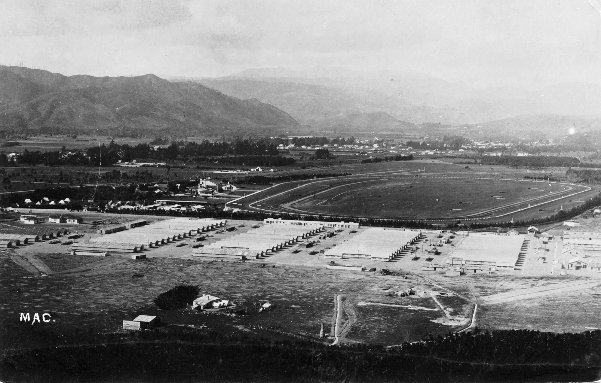 Trentham Camp overall view 1916; camp and racecourse from Fern Hill
