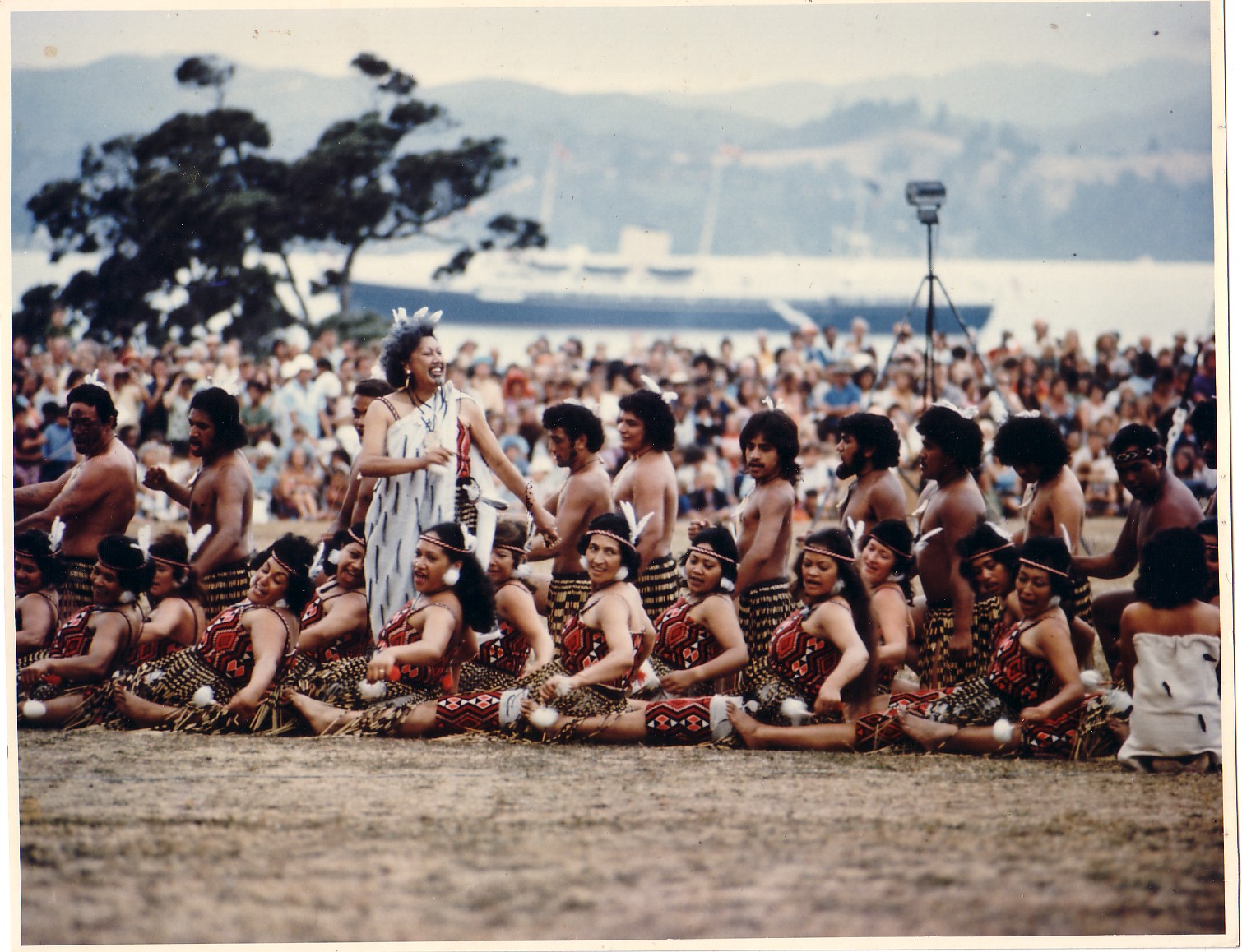 Māwai Hakona 1974; at Waitangi for New Zealand Day; Royal Yacht in background.