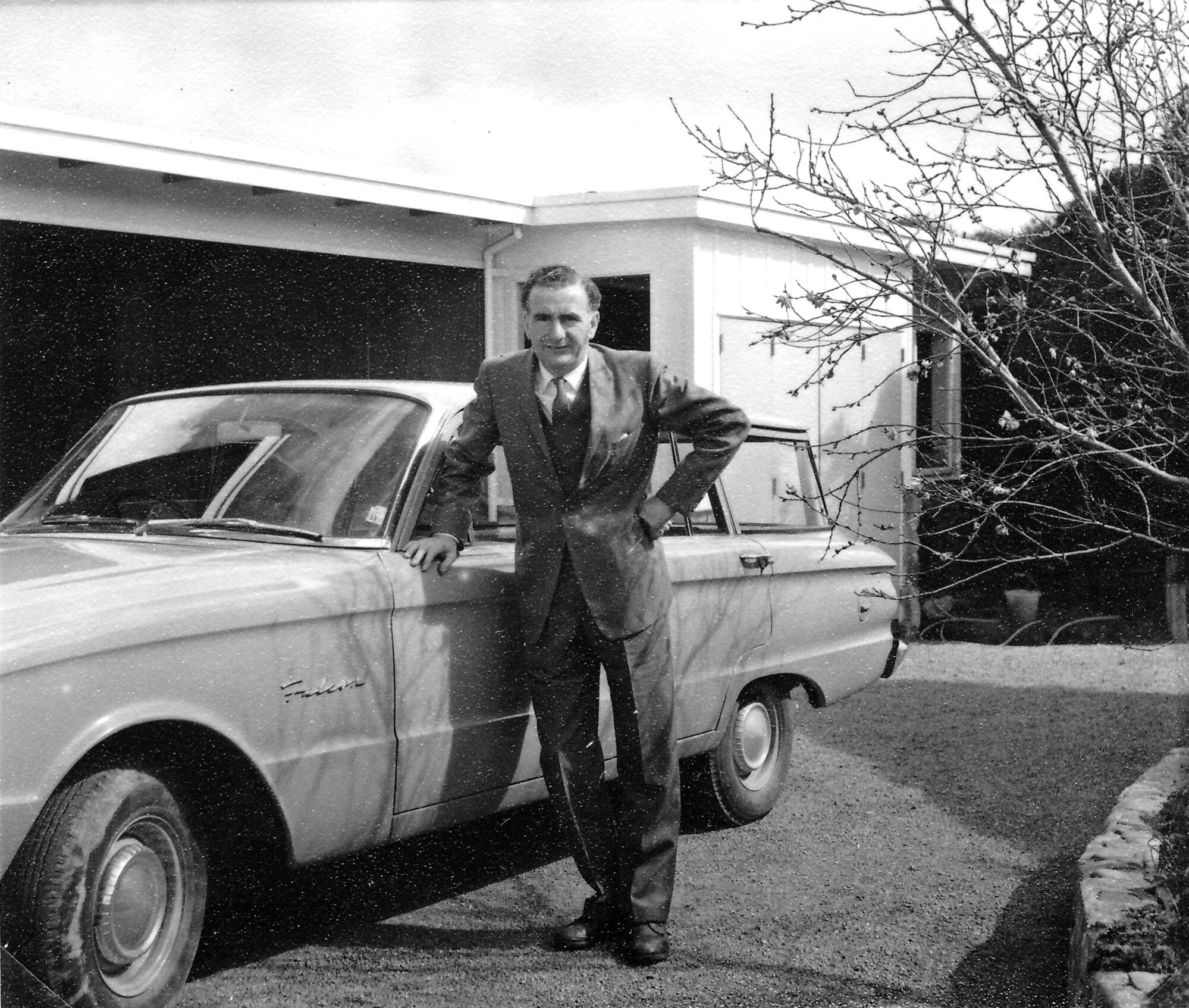 Revelle Jackson; 5 Paton Street, Mangaroa house 18; Revelle Jackson and new Ford Falcon, early 1960s