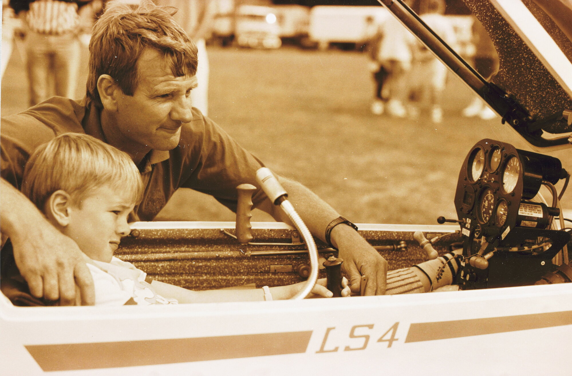Gliding Club; Tony van Dyk showing son Jason, 5, controls of an LS4 glider.