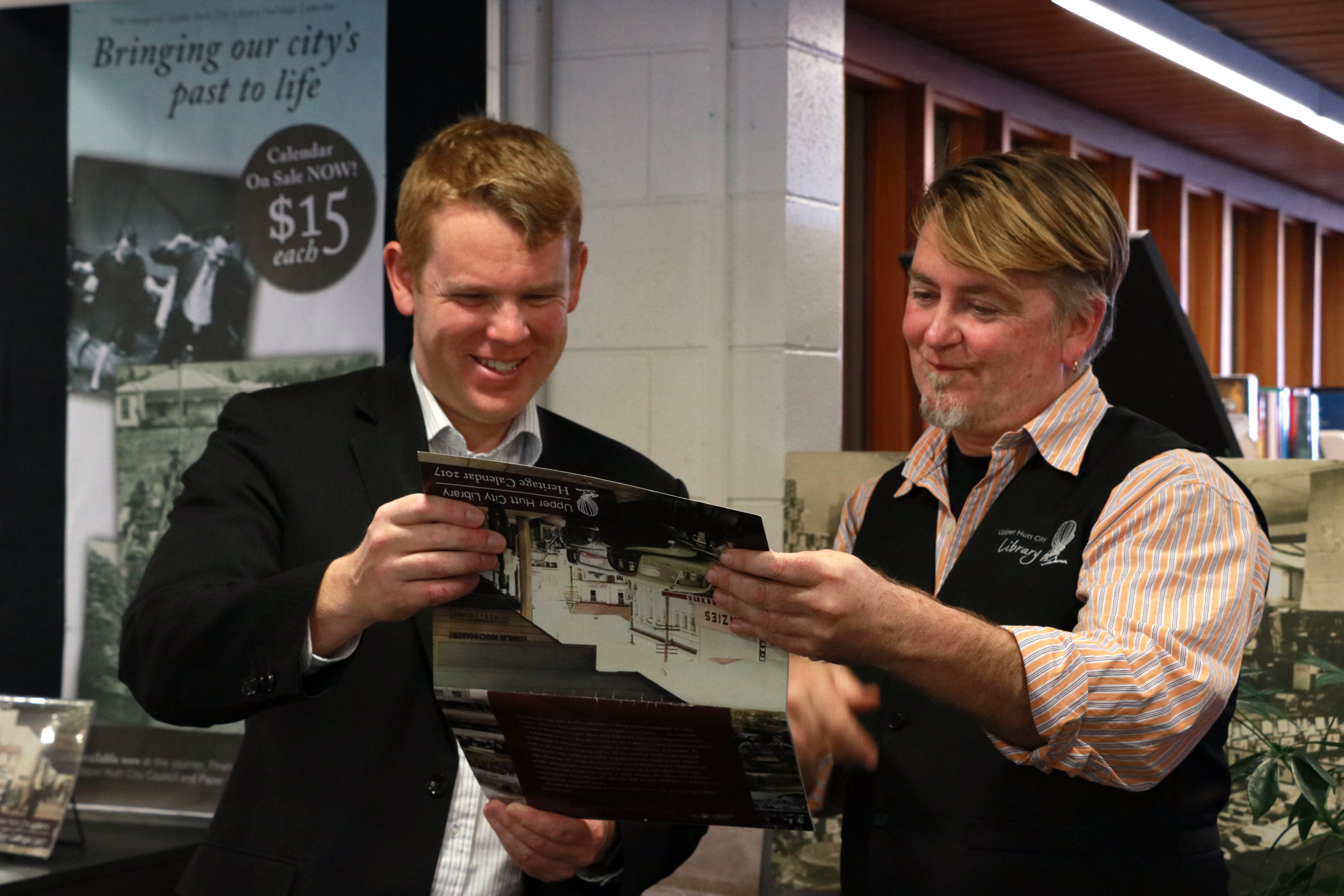 MP Chris Hipkins and Library archivist Reid Perkins, 2016
