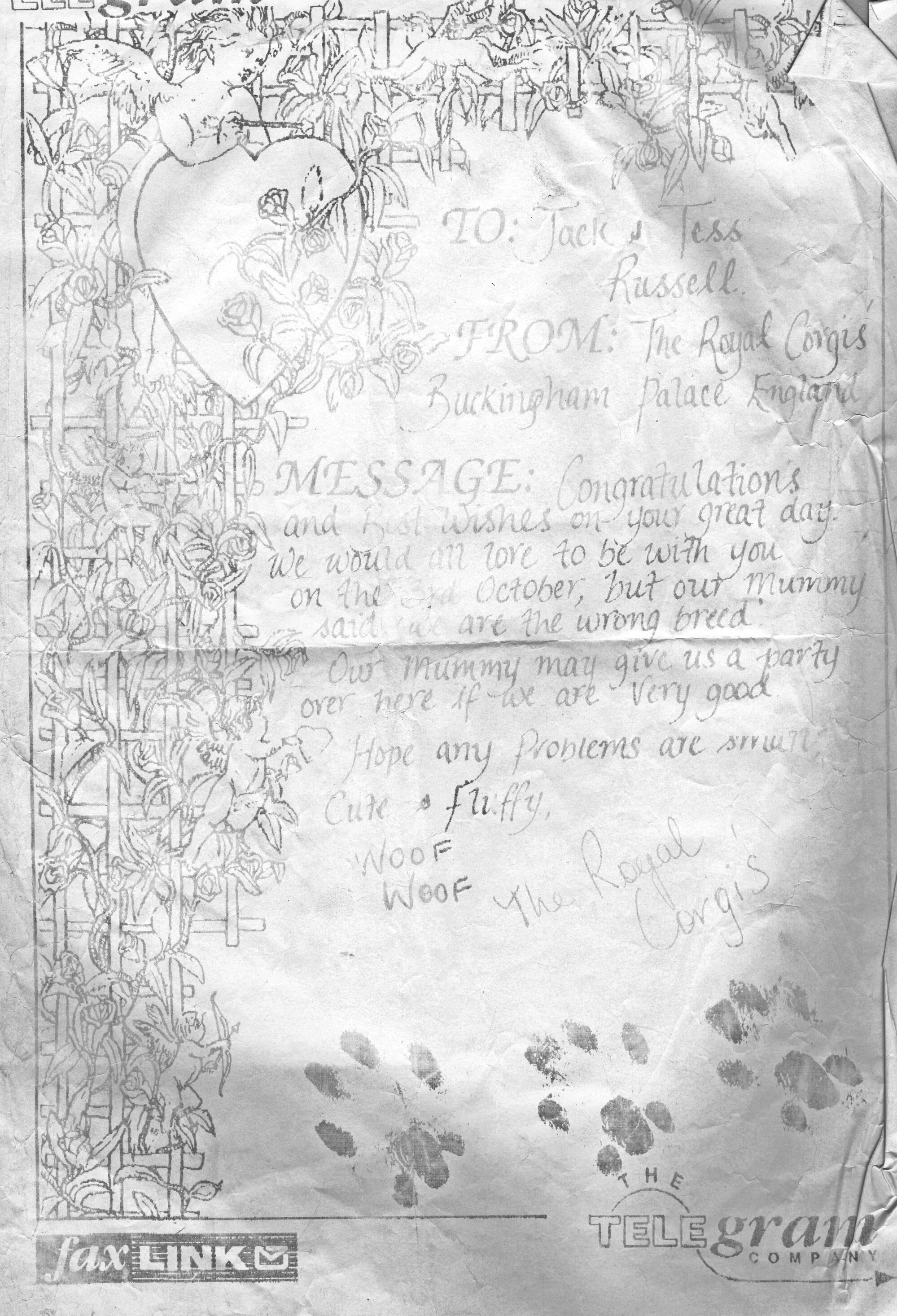 Tessa and Jack's wedding 28; a telegram from the royal corgis
