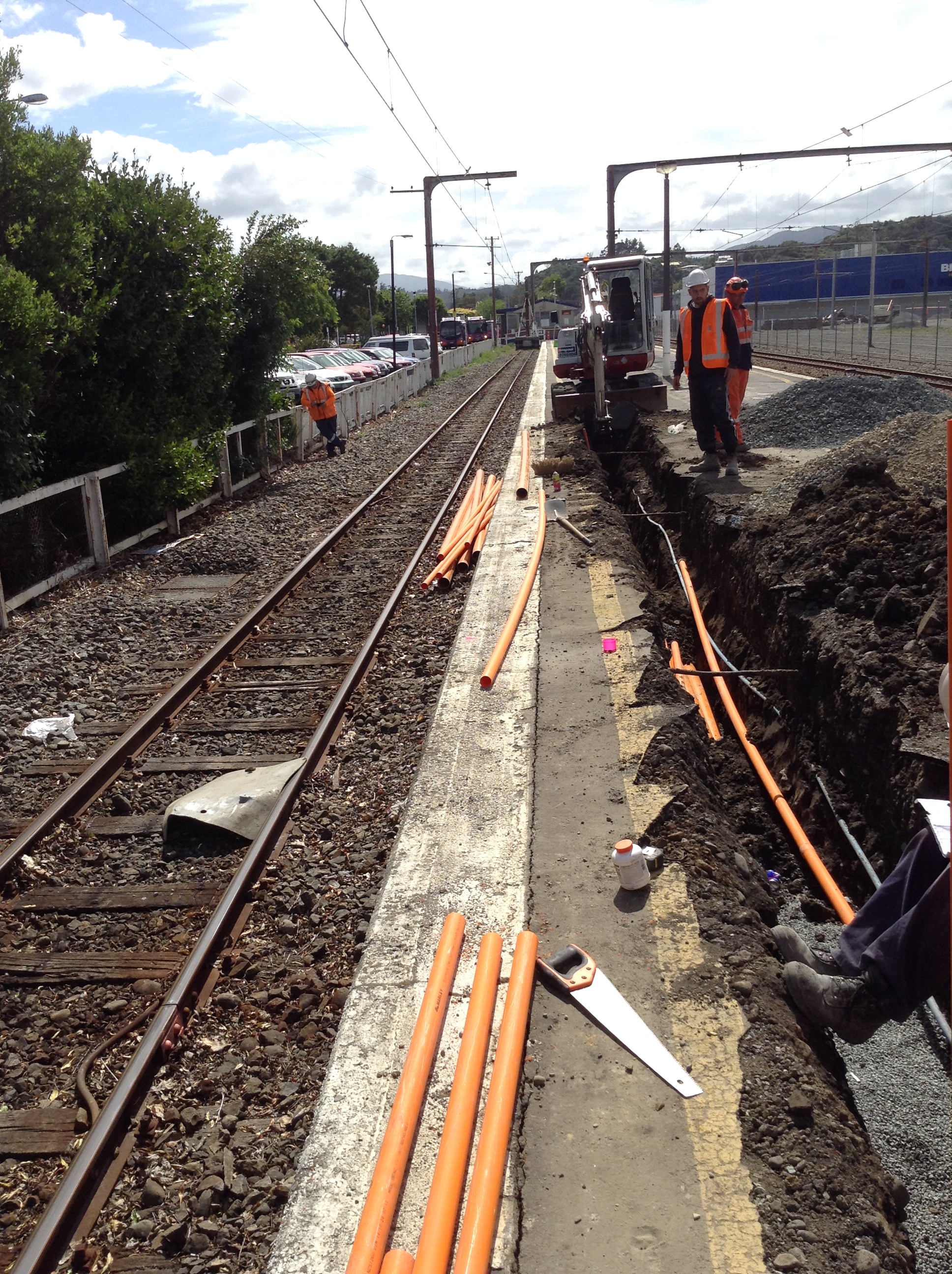 Upper Hutt railway station 2015  3; cable ducts being laid on the main platform