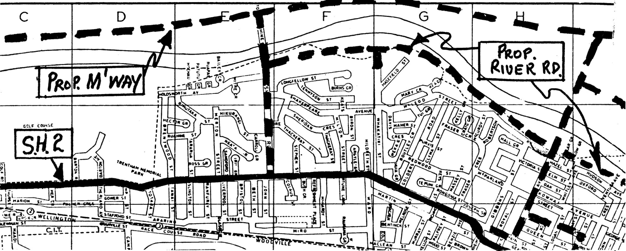 River Road plan 1974; rough map, also showing motorway continuing along north bank