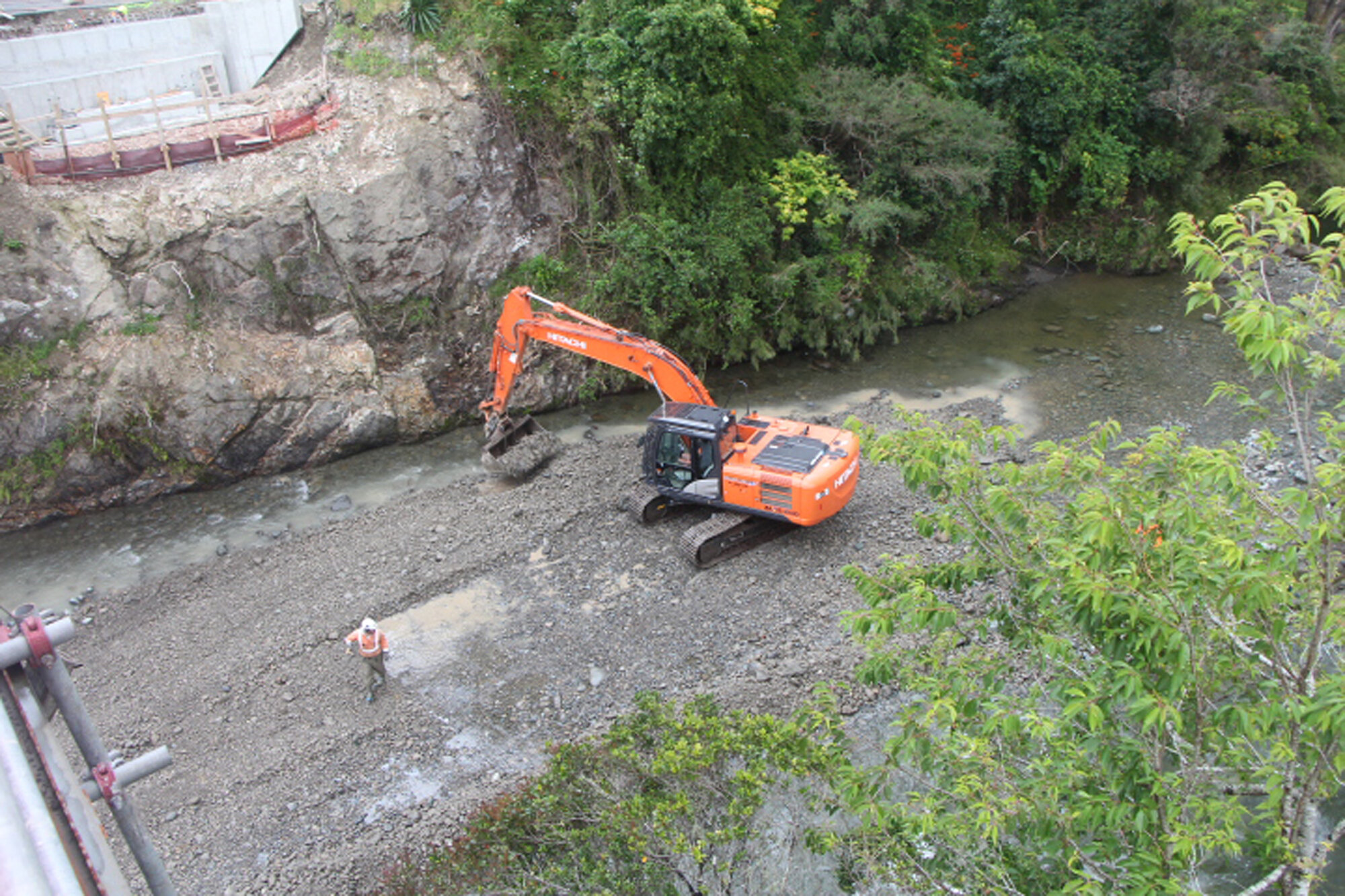 Akatarawa Bridge 3 construction  6; river cleared for temporary support tower