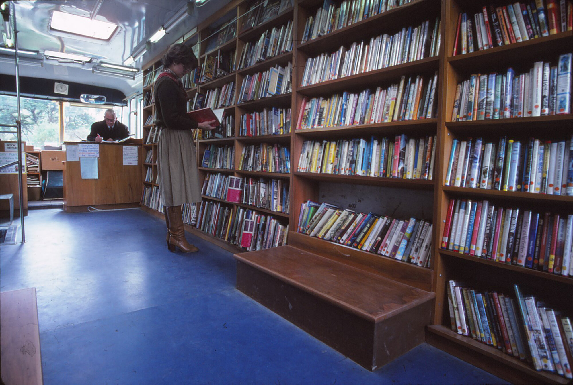 Upper Hutt City Library; mobile library bus; interior, circa 1980s