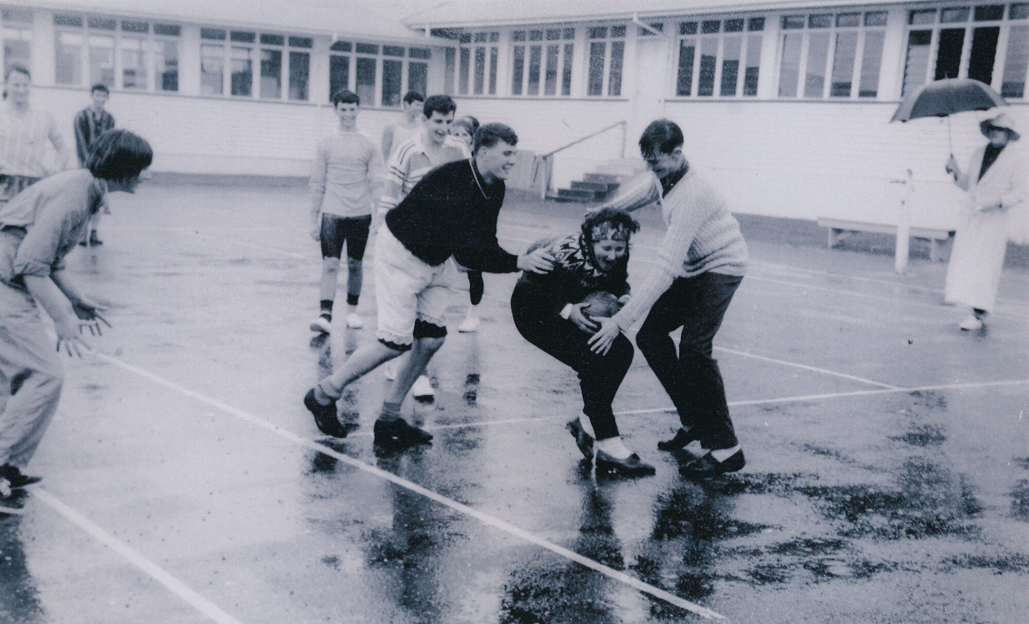 Wallaceville Research Centre staff; sport in the rain