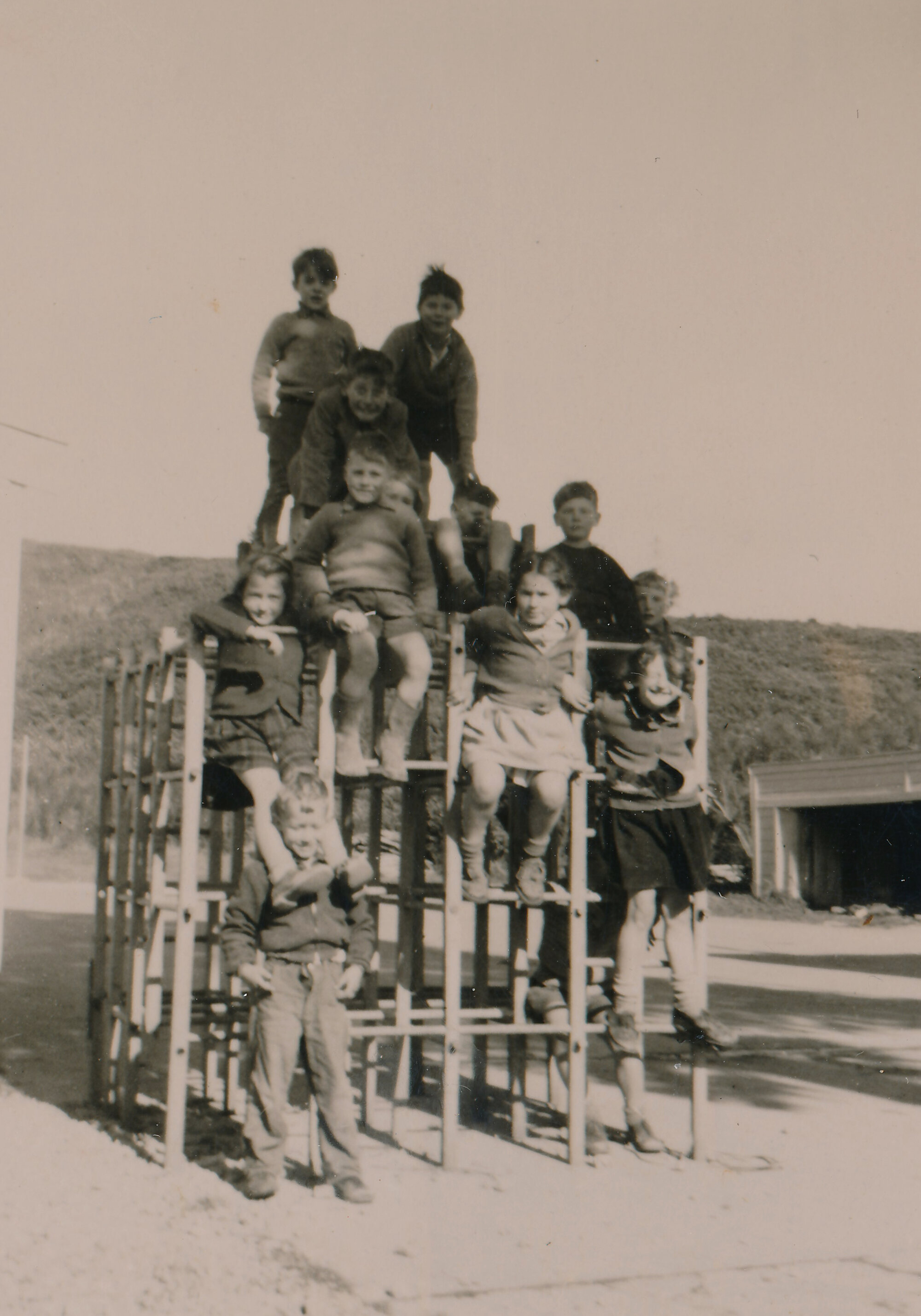 Te Marua School; children on jungle gym; Circa 1955