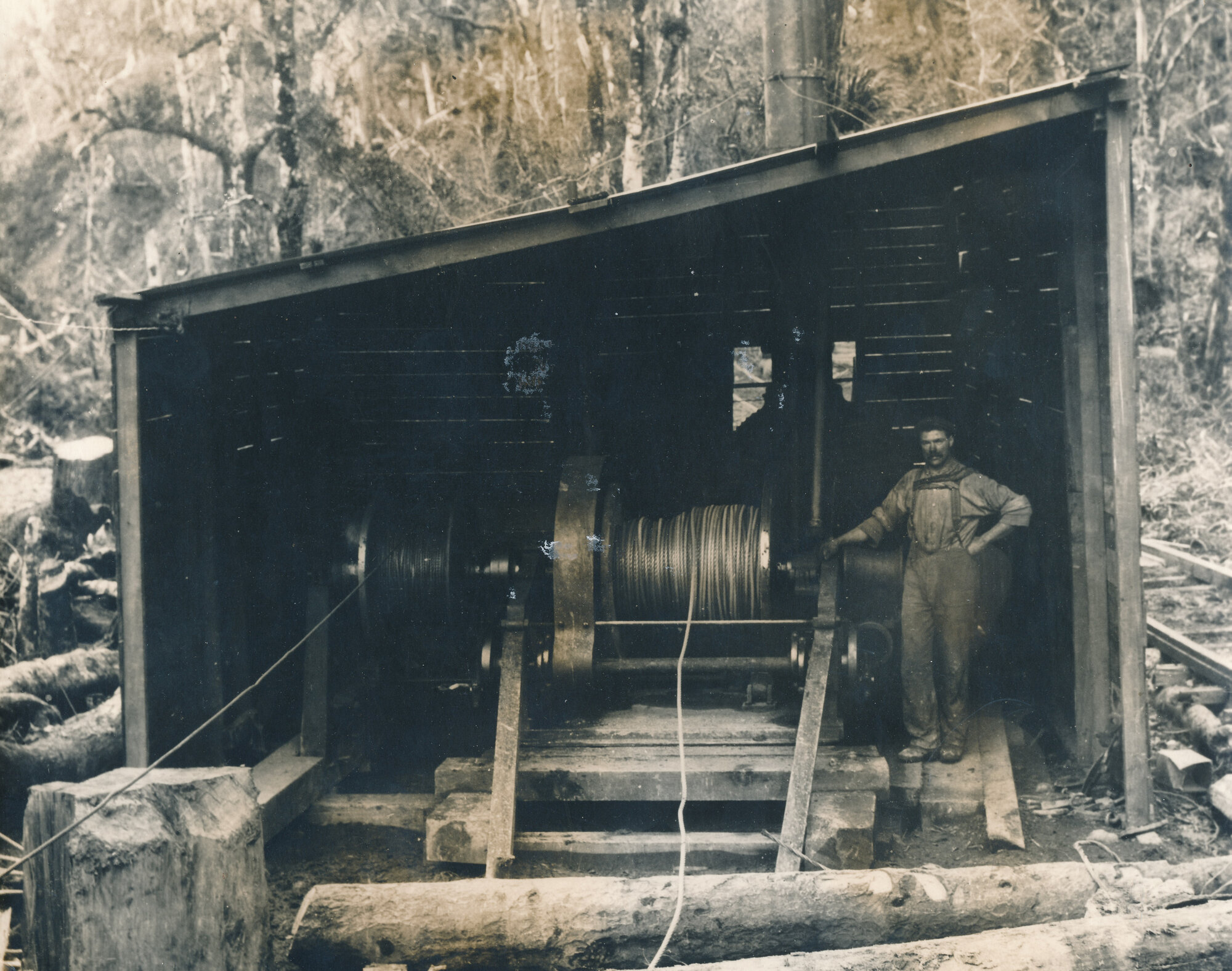 Timber industry; hauling winch; circa 1900s