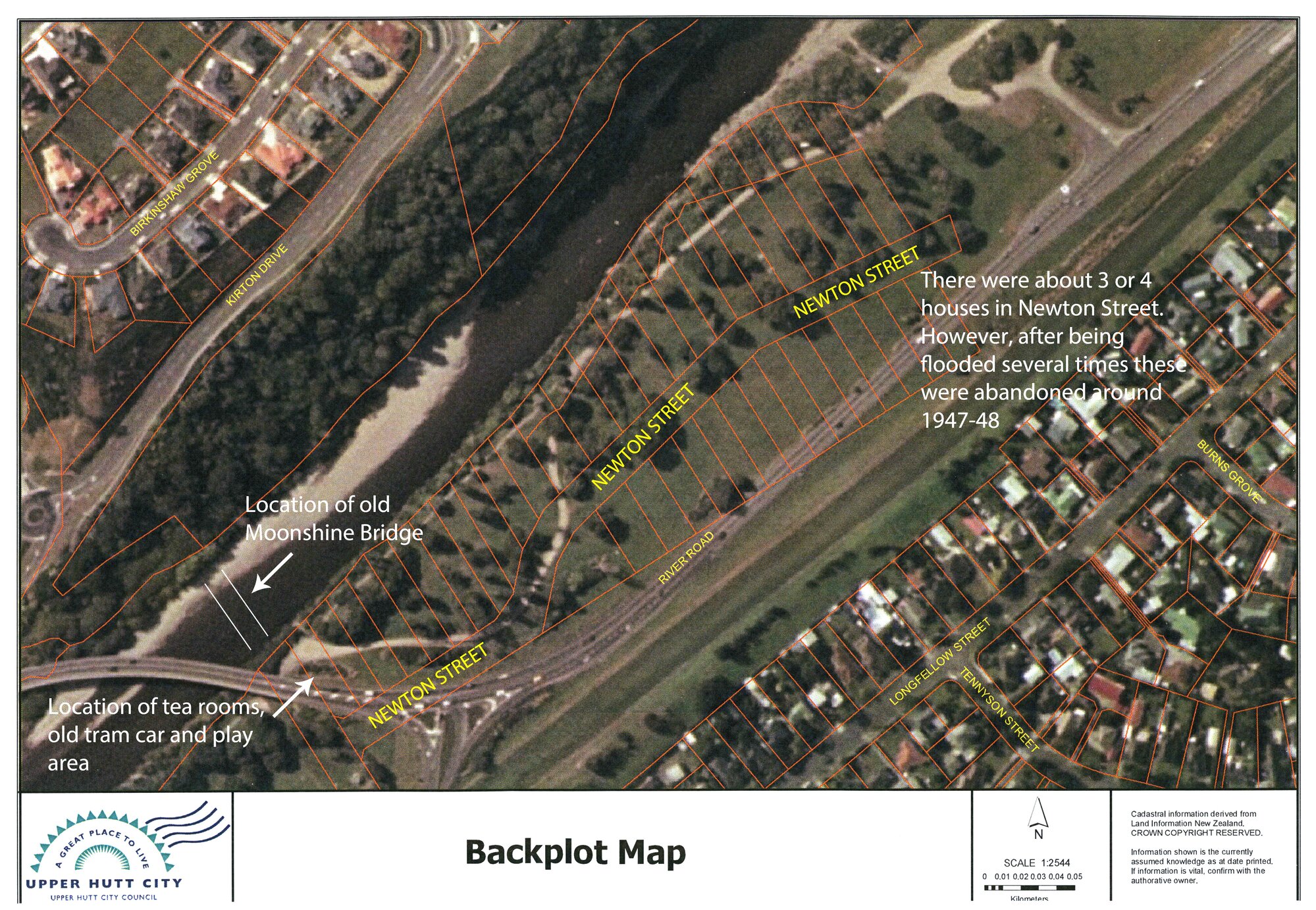 Location of former Newton Street; east bank of Te Awa Kairangi / Hutt River, upstream of Moonshine Bridge. 