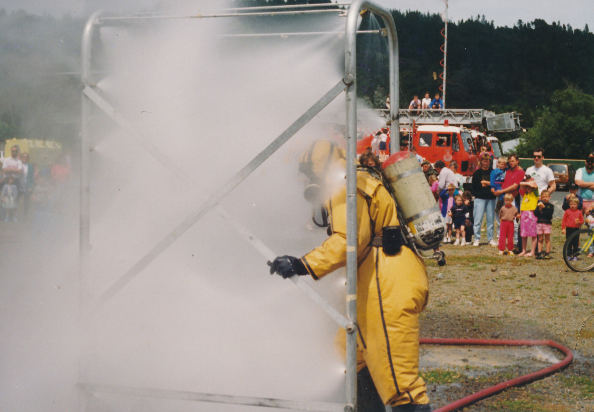Silverstream Volunteer Fire Brigade; fire-fighting demonstration at Trentham; circa 1990s; decontamination  shower