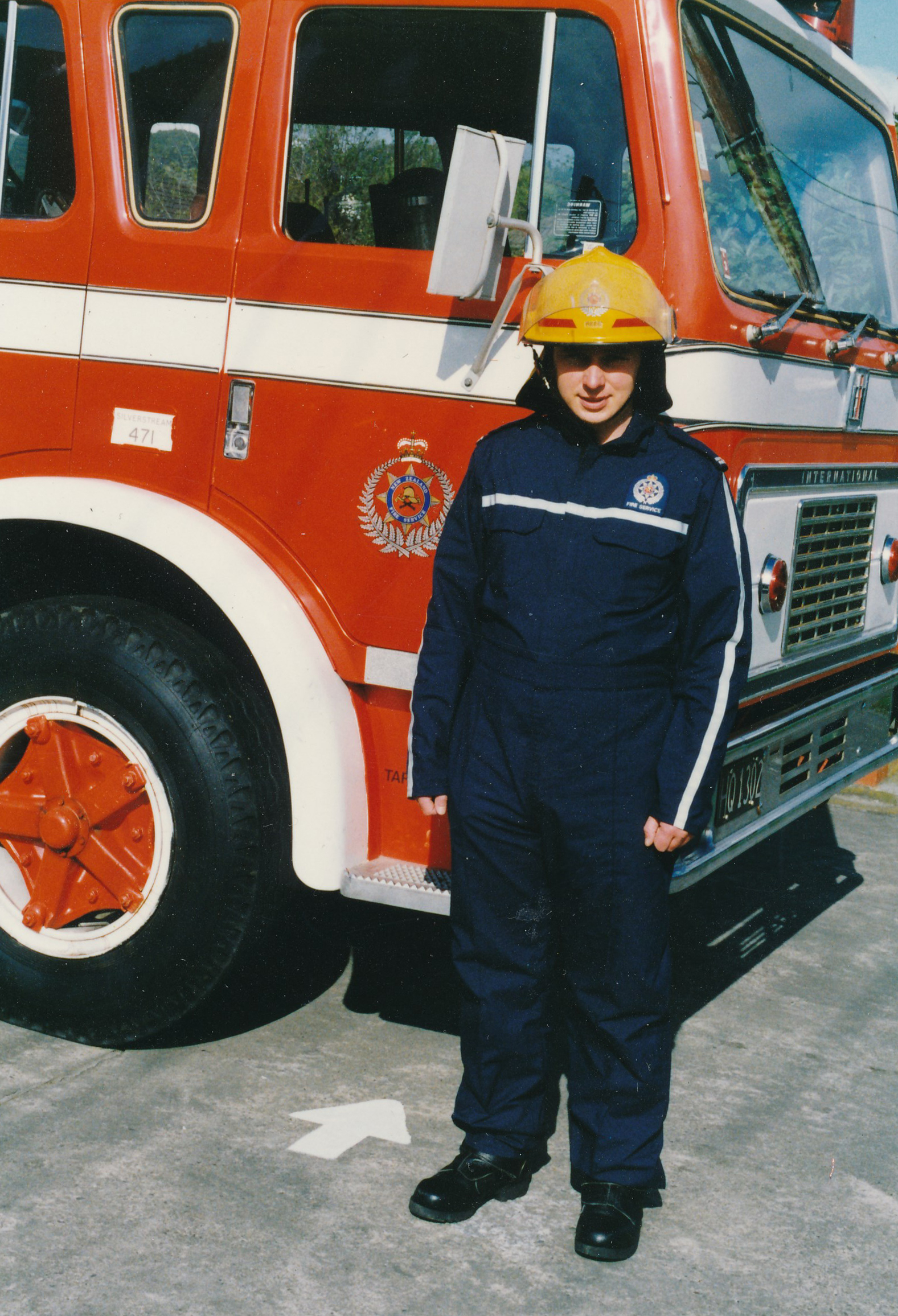 Silverstream Volunteer Fire Brigade; Firefighter Tim Rees in newly issued gear; August 1991
