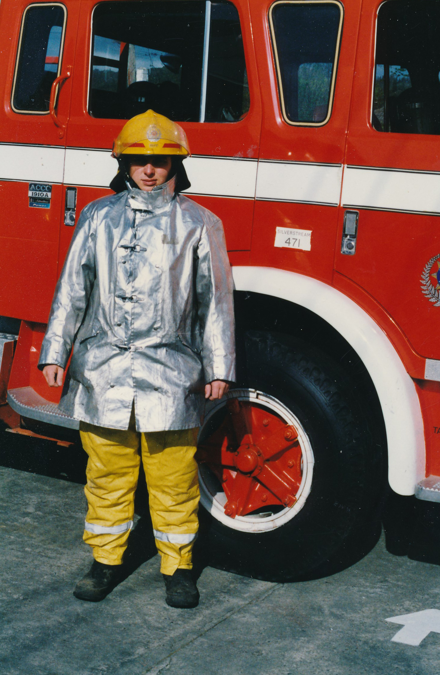 Silverstream Volunteer Fire Brigade; Firefighter Tim Rees in newly issued gear; August 1991