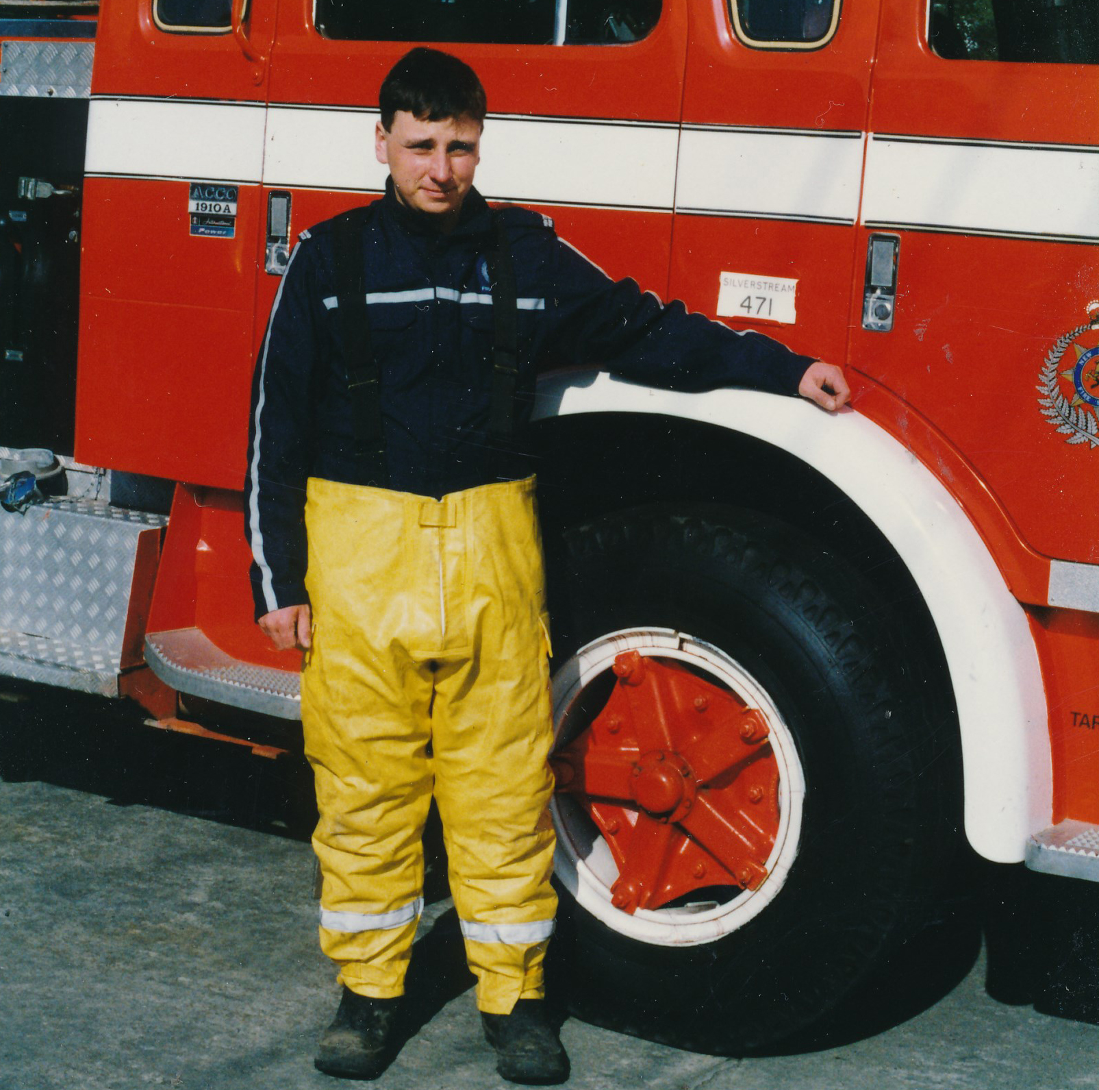 Silverstream Volunteer Fire Brigade; Firefighter Tim Rees in newly issued gear; August 1991