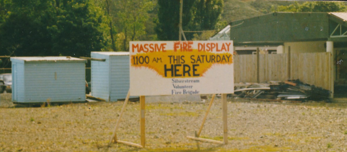 Silverstream Volunteer Fire Brigade; fire-fighting  demonstration at Trentham; circa 1990s; sign