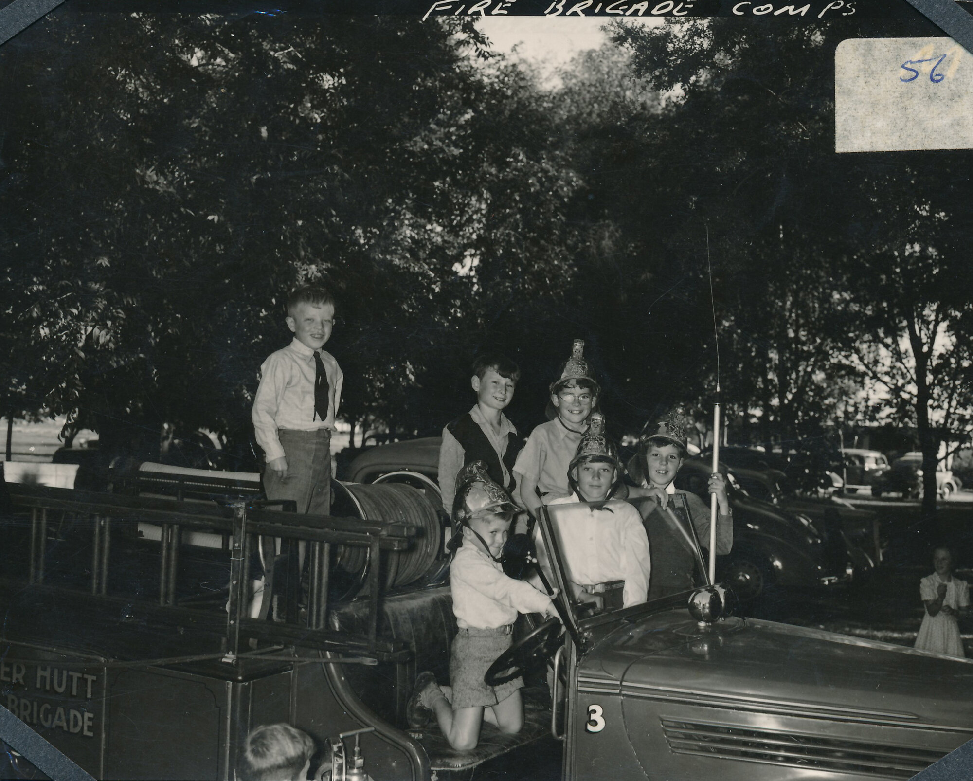 Silverstream Volunteer Fire Brigade; competitions; 1956; Wellington regional; children on a fire engine