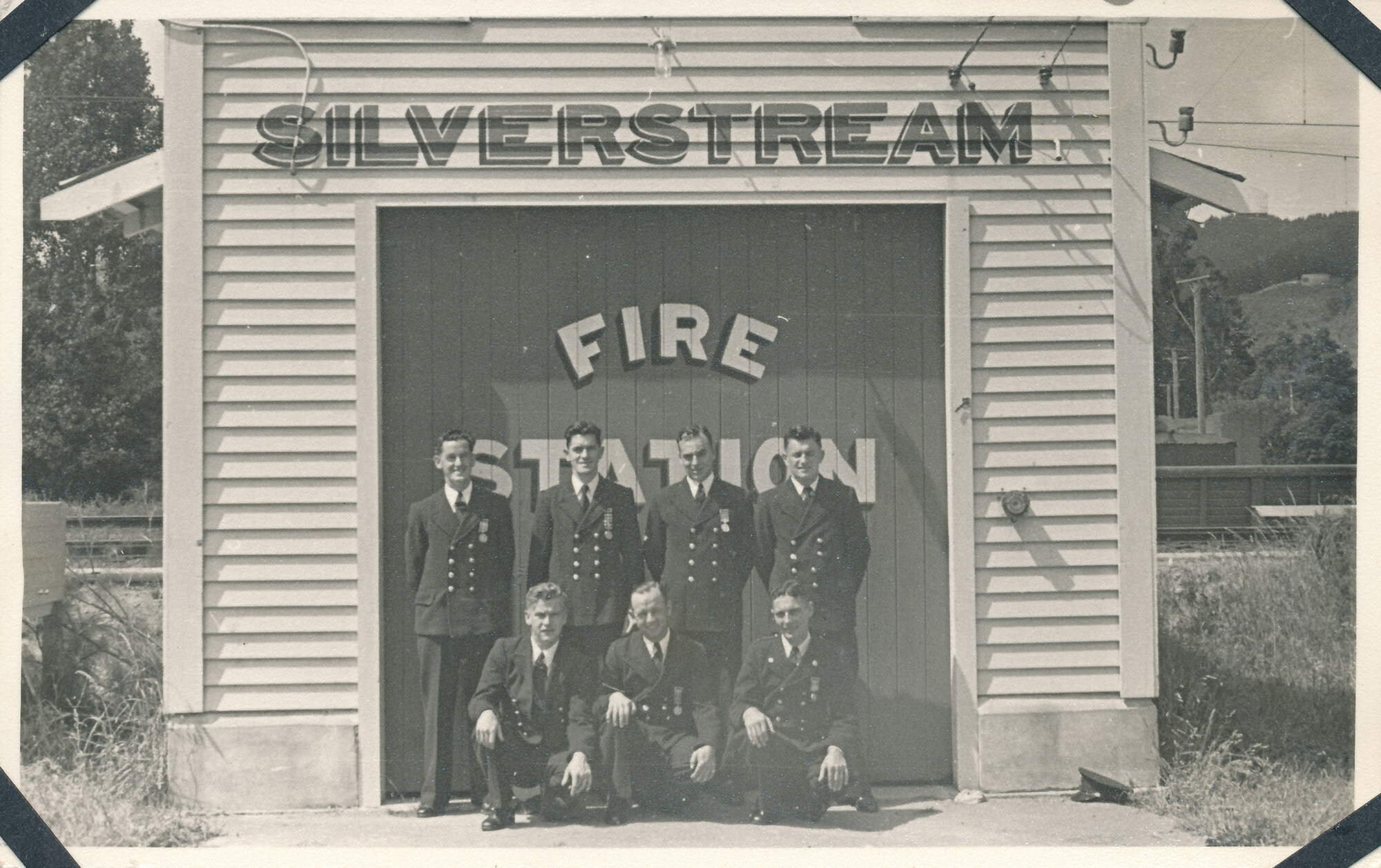 Silverstream Volunteer Fire Brigade building 1; Main Road South; Brigade members.