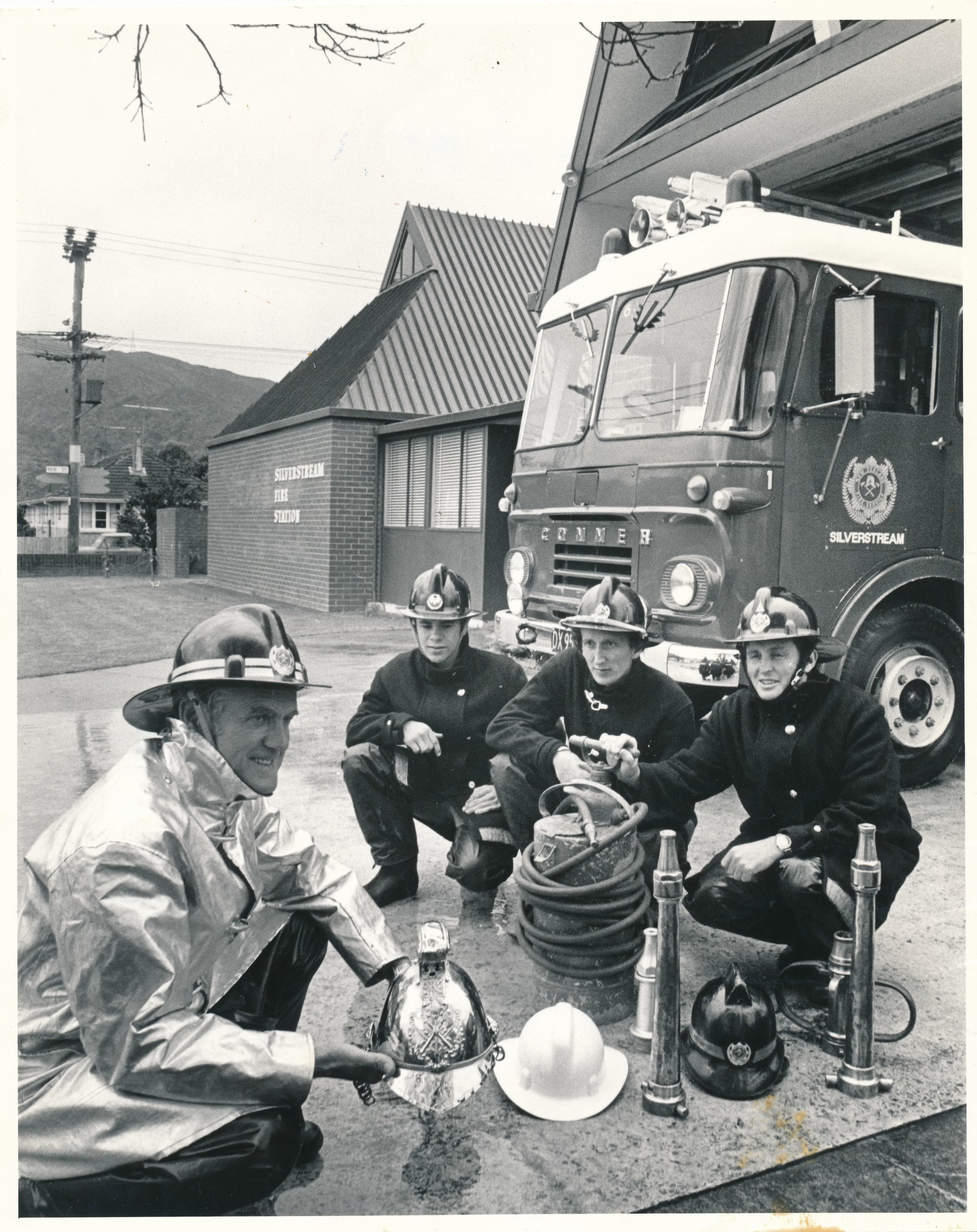 Silverstream Volunteer Fire Brigade group, 1980; New gear/old gear