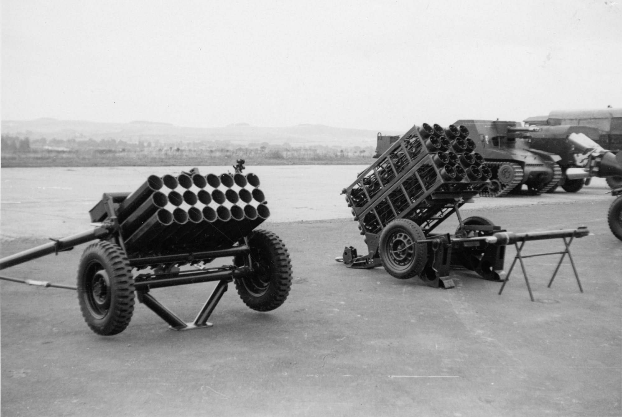 Royal School of Artillery, Larkhill; gun park; rocket projectors. [P1-389-1849]