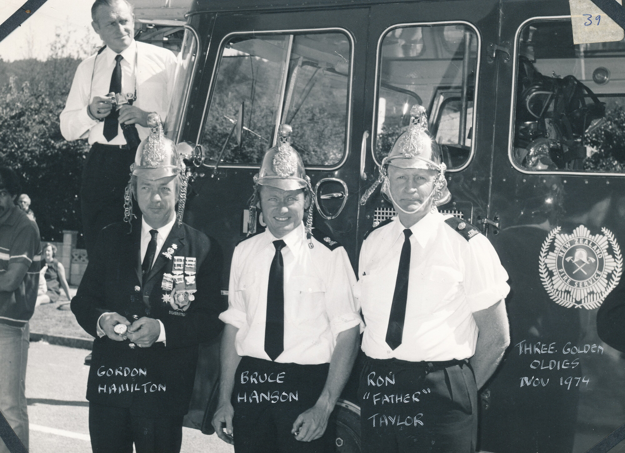 Silverstream Volunteer Fire Brigade group, 1974; Gordon Hamilton, Bruce Hanson, Ron &ldquo;Father&rdquo; Taylor