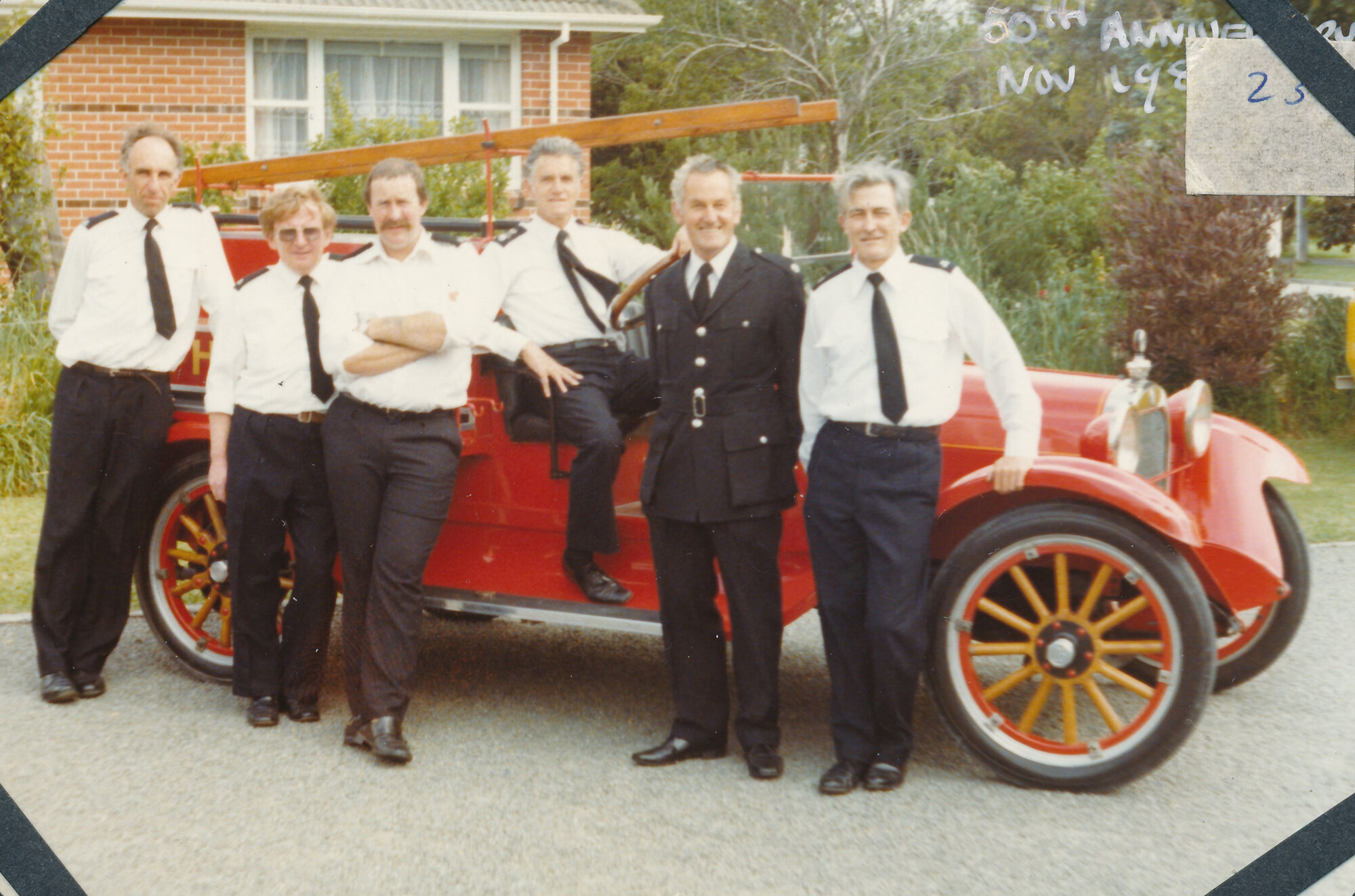 Silverstream Volunteer Fire Brigade, 1980; 50th anniversary celebration; display; 1926 Chevrolet ngine