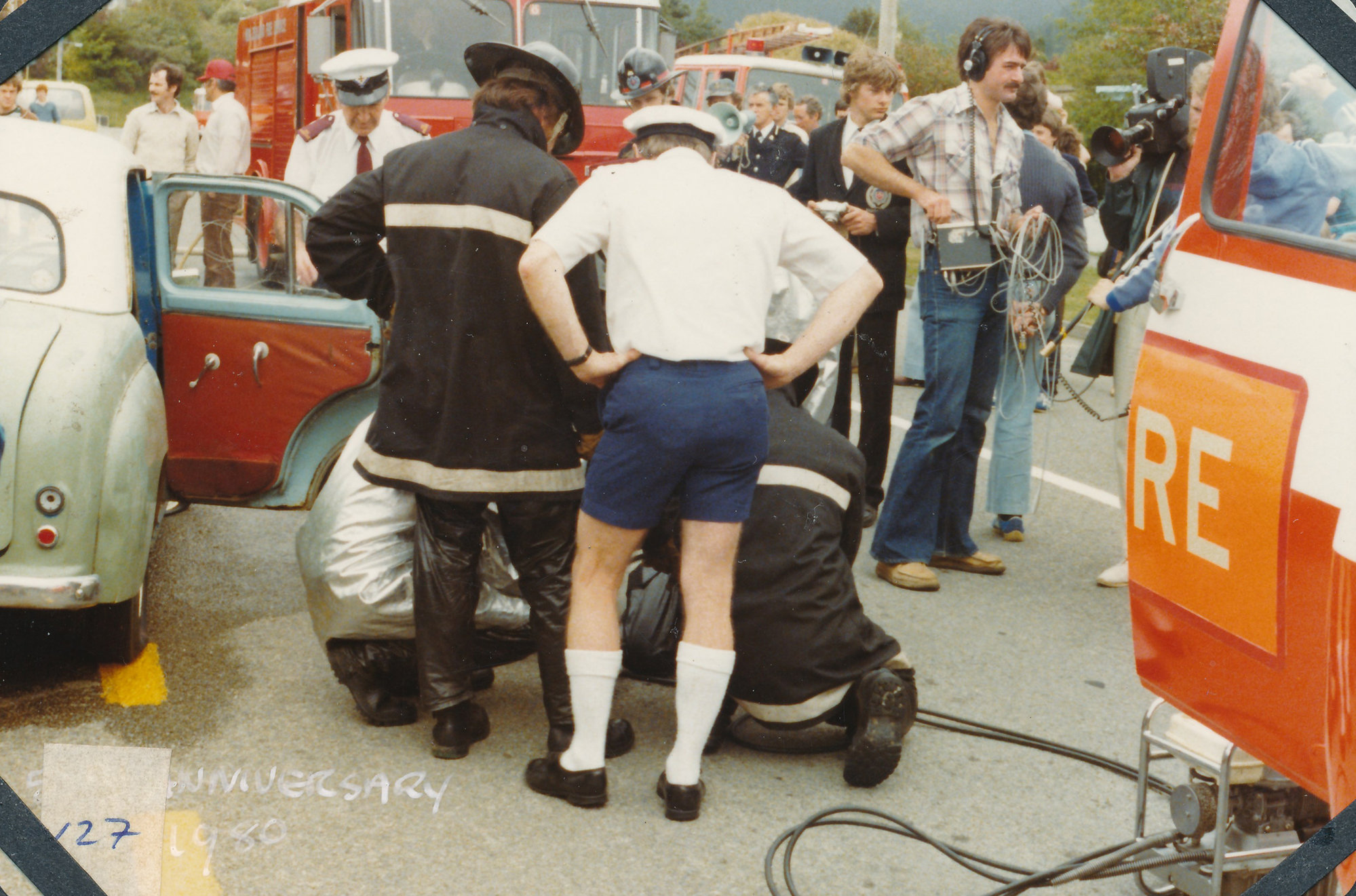 Silverstream Volunteer Fire Brigade, 1980; 50th anniversary celebration; display; car accident