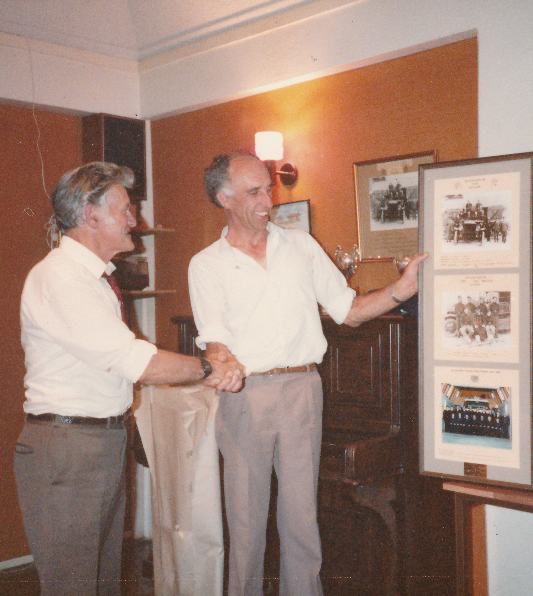 Silverstream Volunteer Fire Brigade group, 1982?; trotters night; Len Stringer, John Elworthy