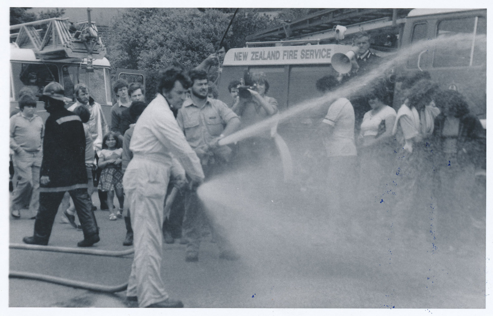 Silverstream Volunteer Fire Brigade, 1980; 50th anniversary celebration; display; hand-pumped or steam-pumped water