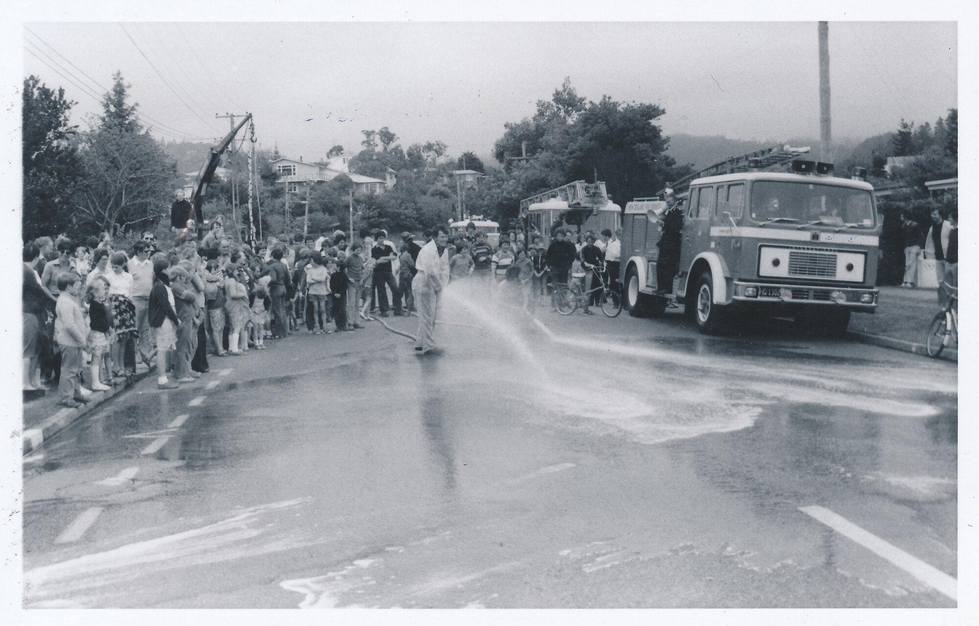 Silverstream Volunteer Fire Brigade, 1980; 50th anniversary celebration; display; hand-pumped water