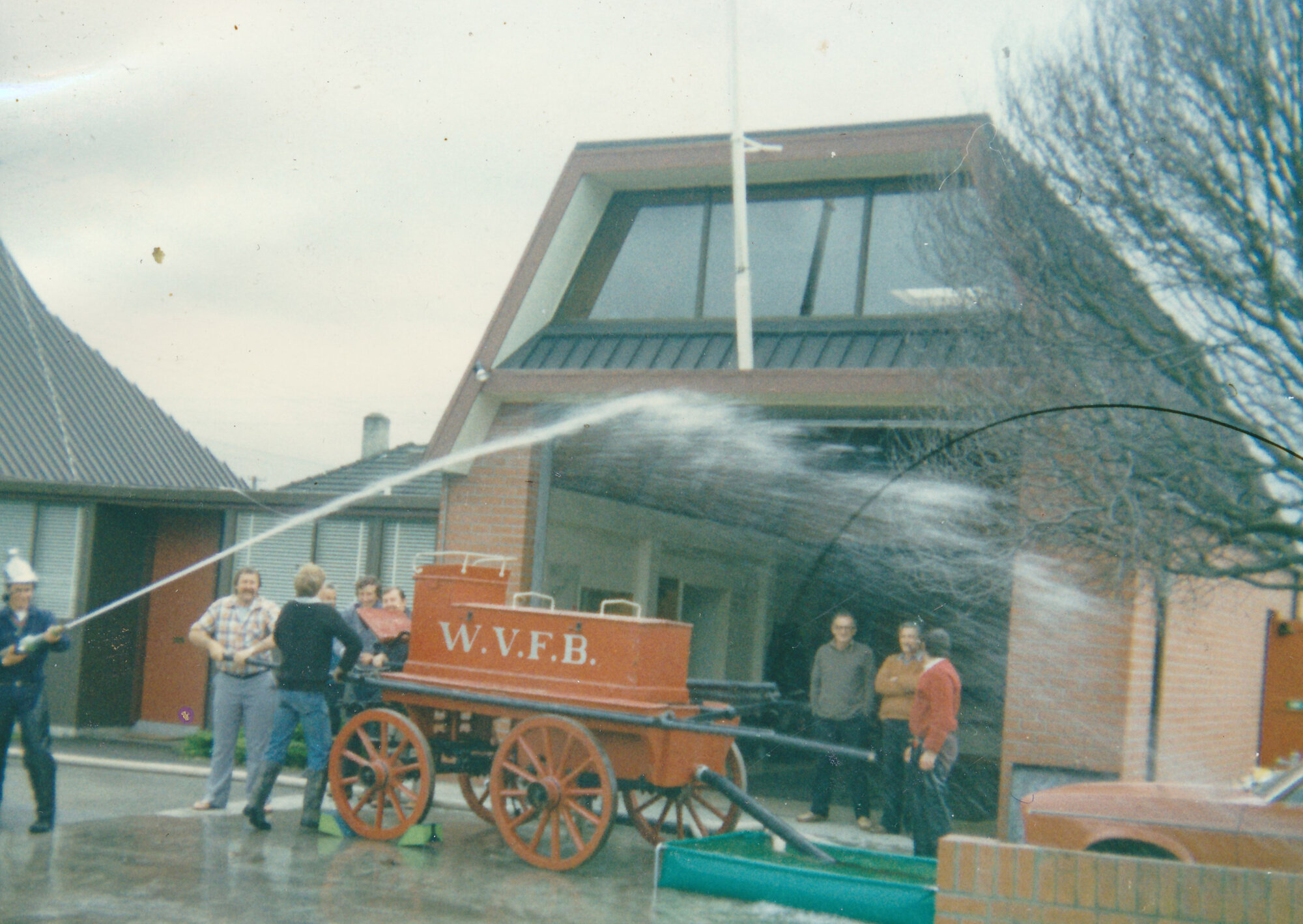 Silverstream Volunteer Fire Brigade, 1980; 50th anniversary celebration; display; hand-pumped horse-drawn engine