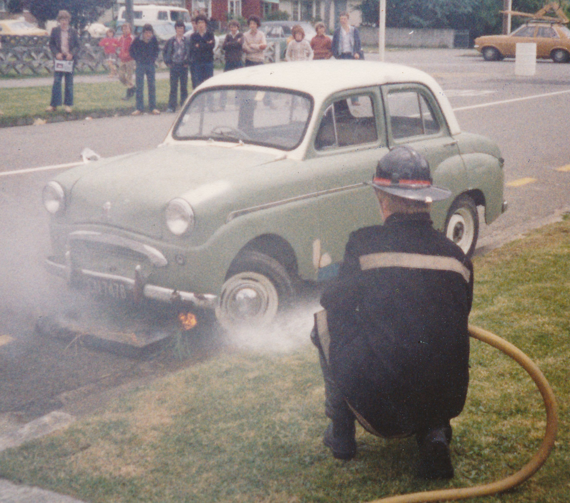 Silverstream Volunteer Fire Brigade, 1980; 50th anniversary celebration; display; car fire