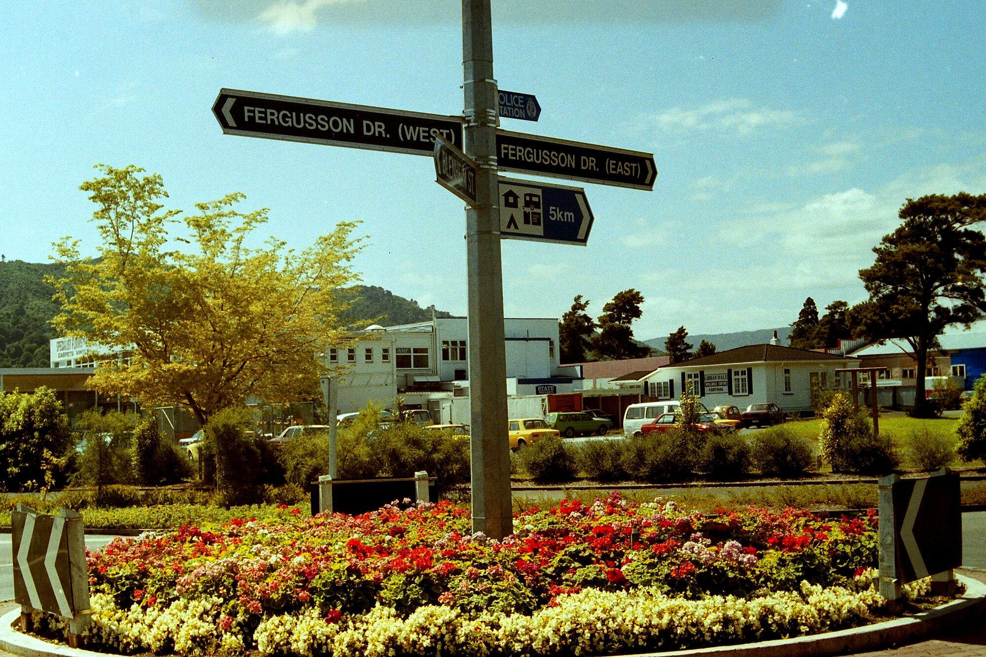 Gardens, Fergusson Drive; Blenheim Streeet roundabout looking north-east