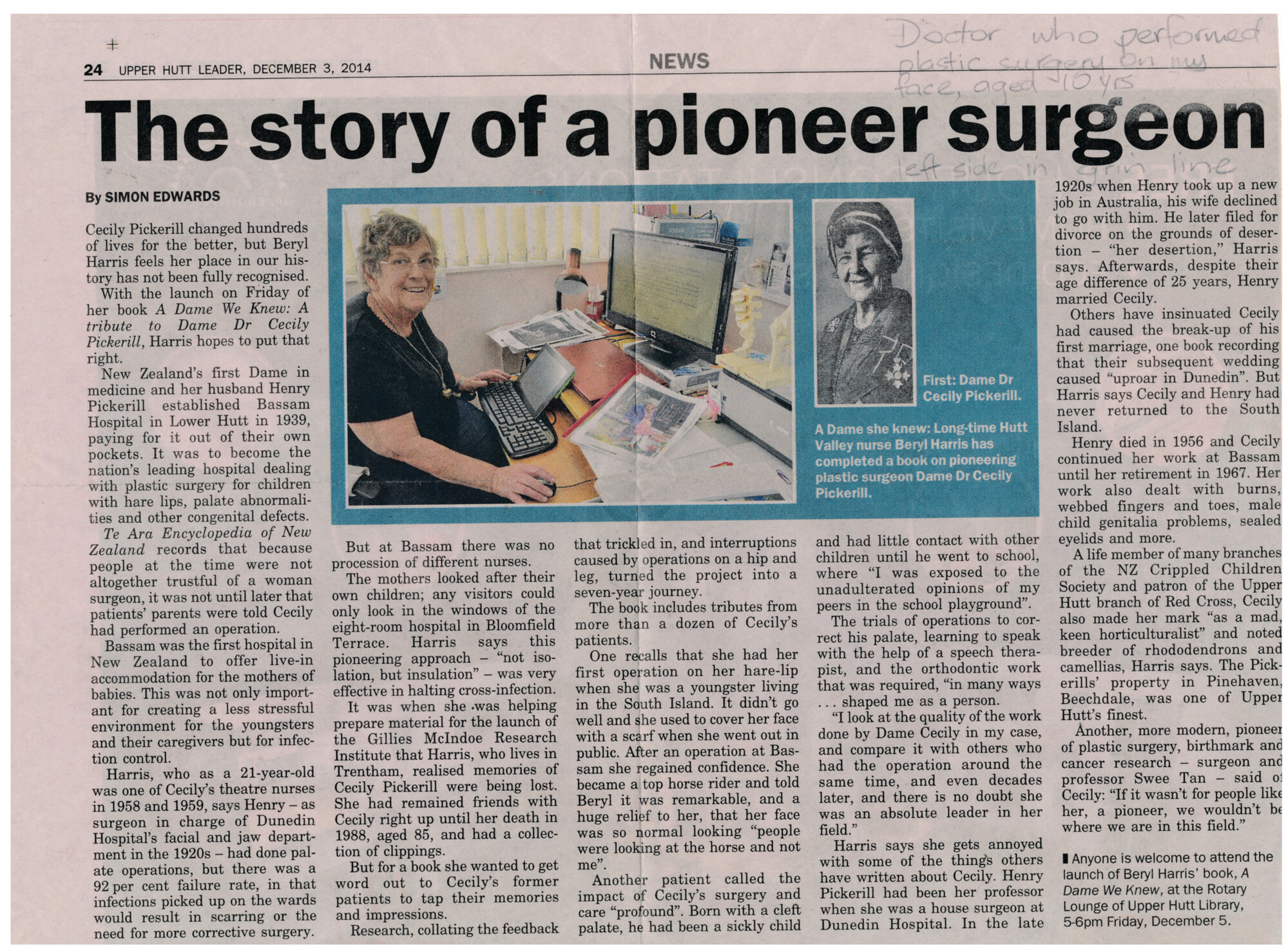 Upper Hutt Leader article; Beryl Harris' book on Dame Cecily Pickerill