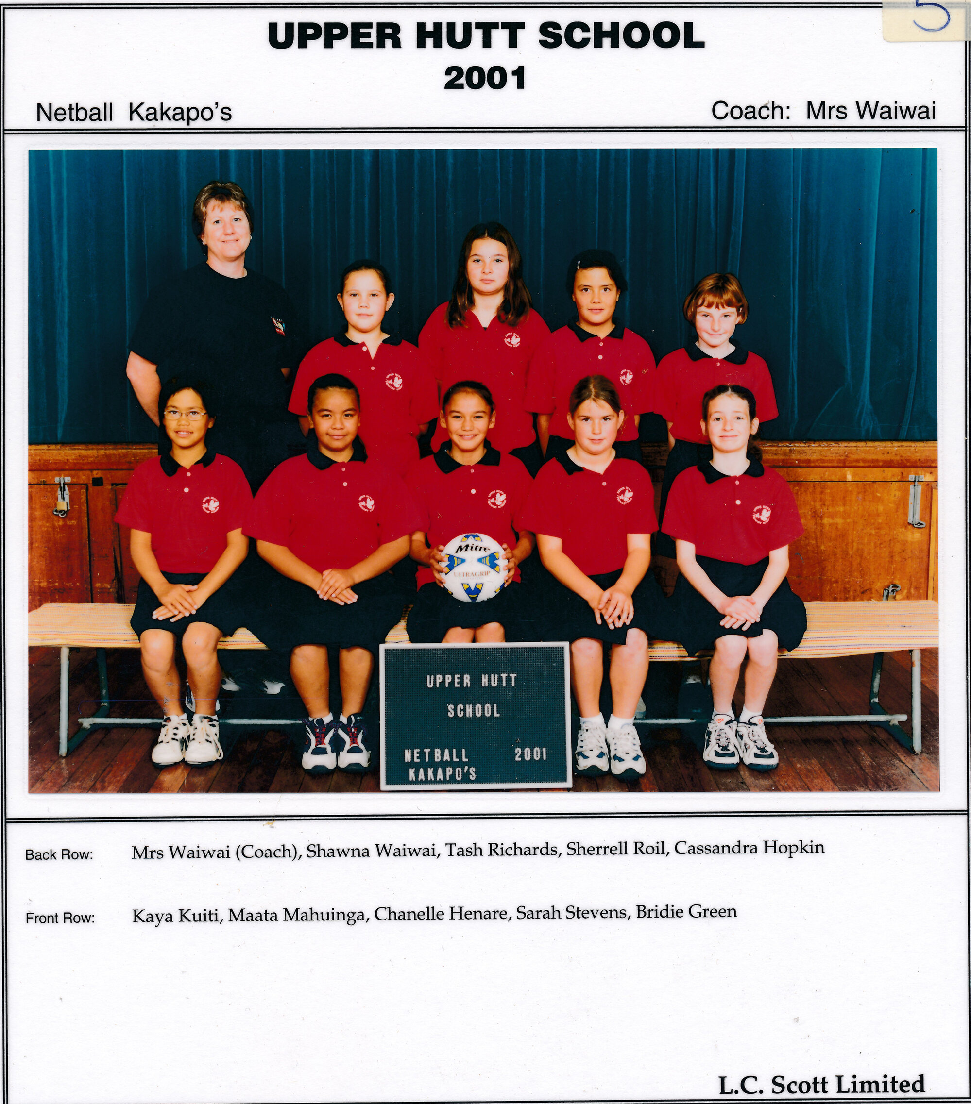 Upper Hutt School, Netball 'Kakapos'; 2001