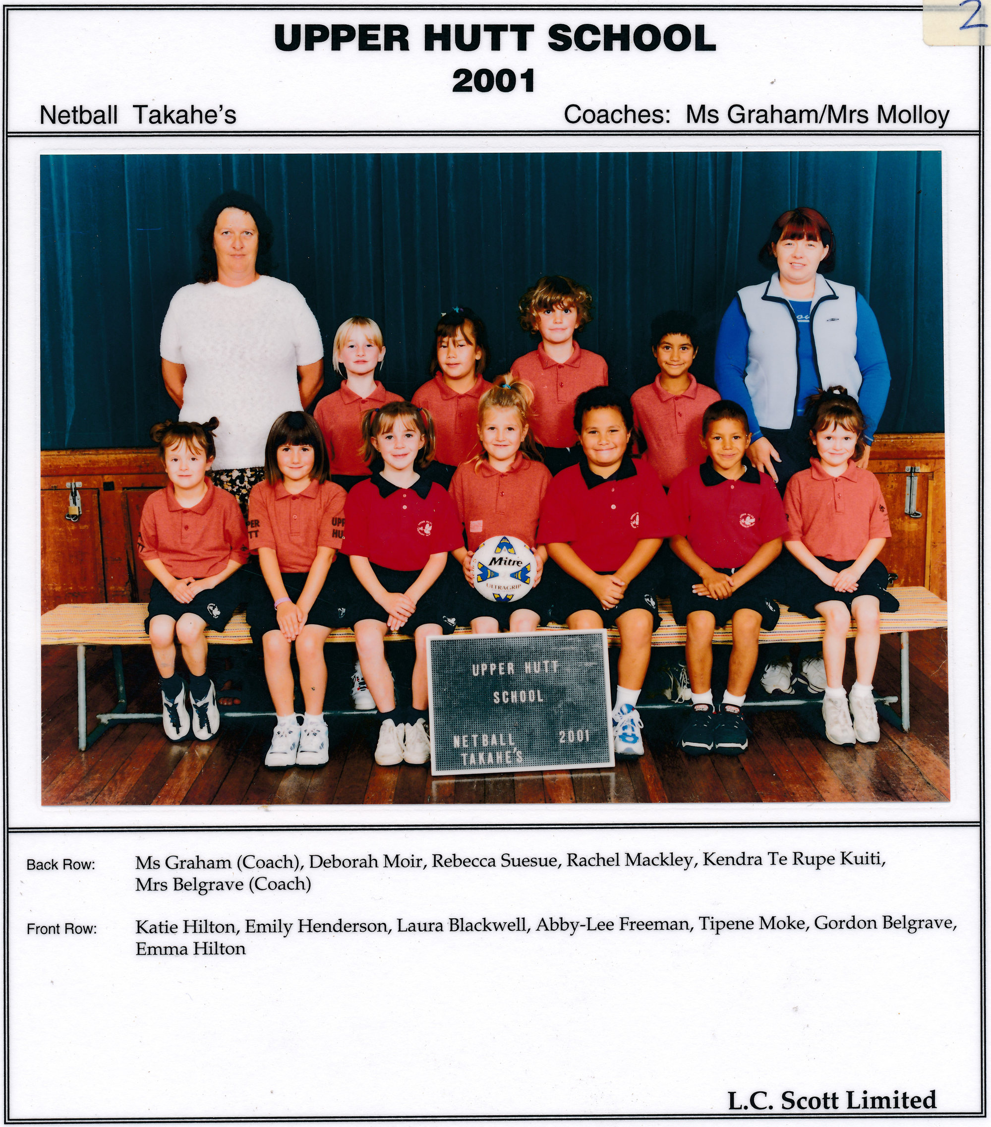 Upper Hutt School, Netball 'Takahes'; 2001