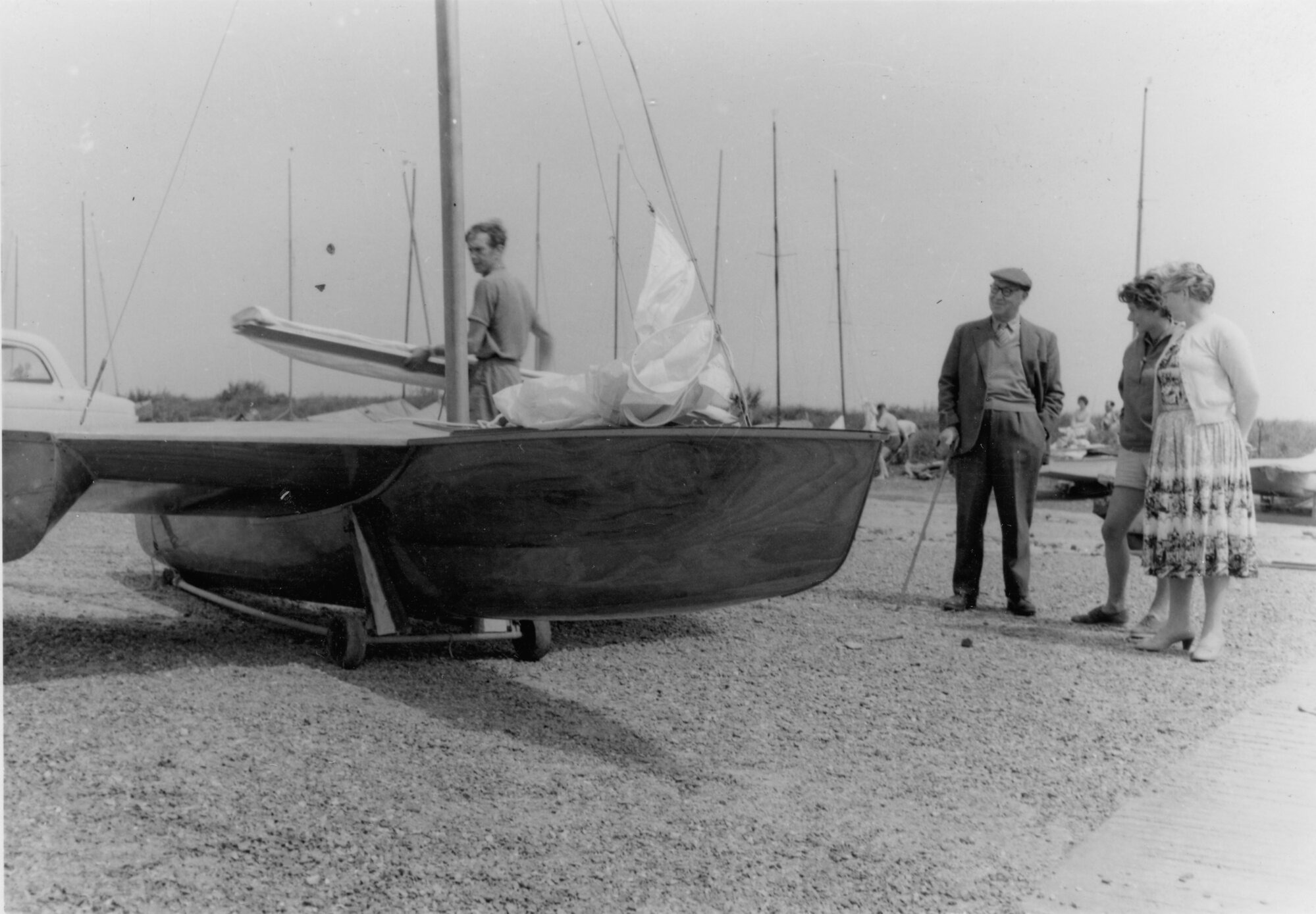 Nobel physicists and outrigger sailing vessel. [P1-404-1966]