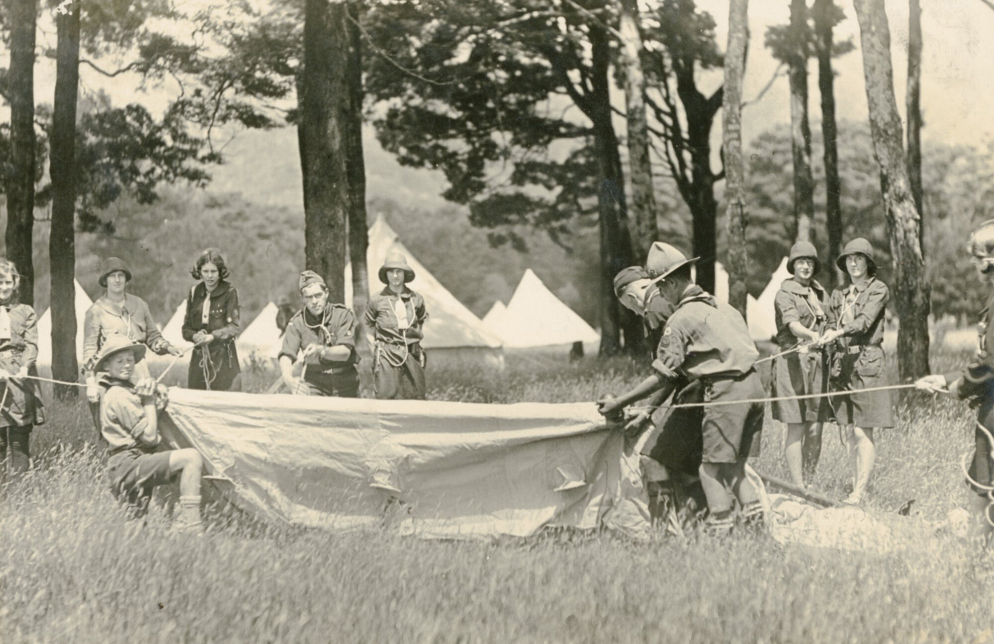 Pitching tents at the Girl Guide Dominion Camp; Trentham, Upper Hutt; 1930