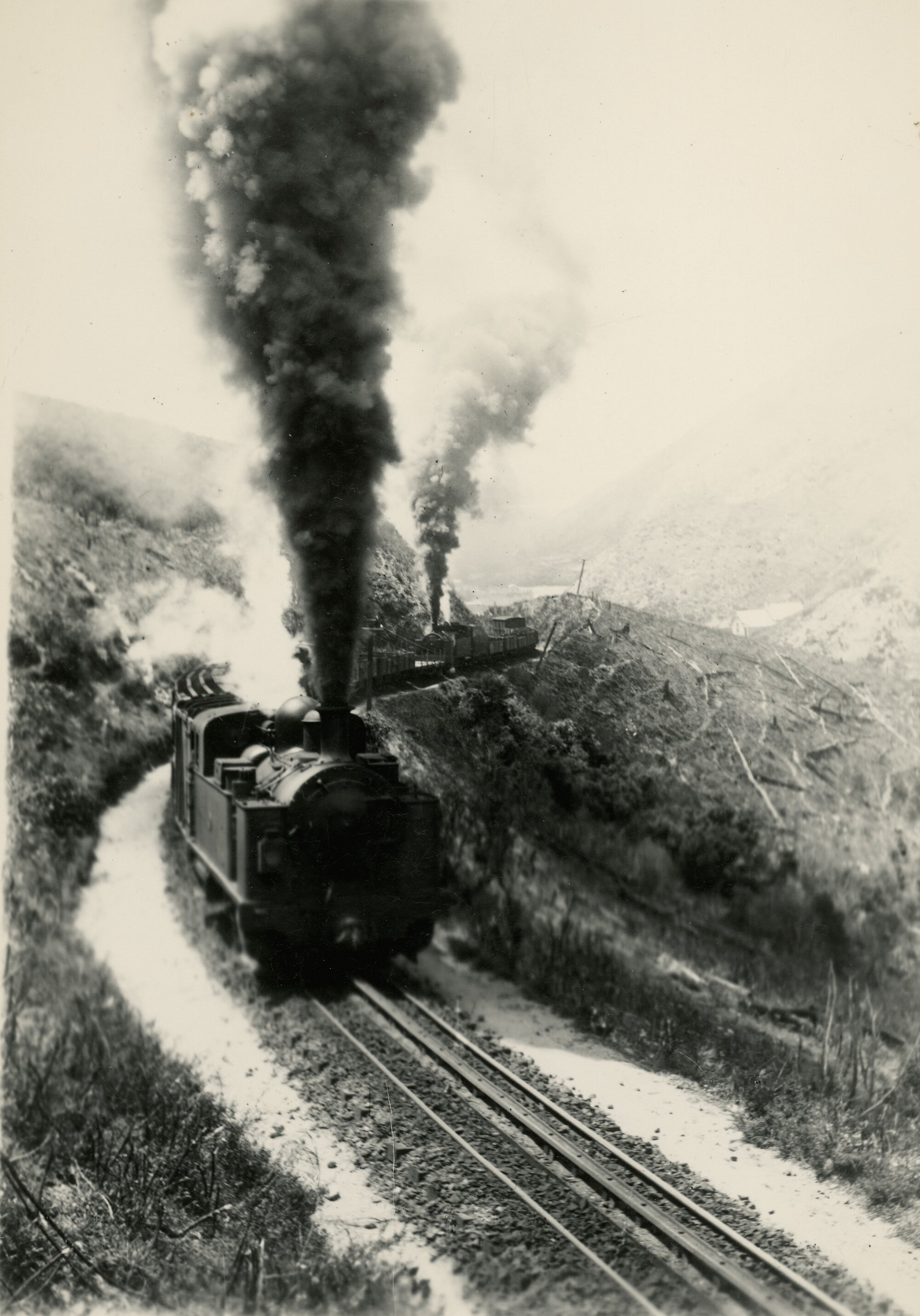 Rimutaka Incline; front view of train ascending with two Fell locomotives. [P2-16-24]
