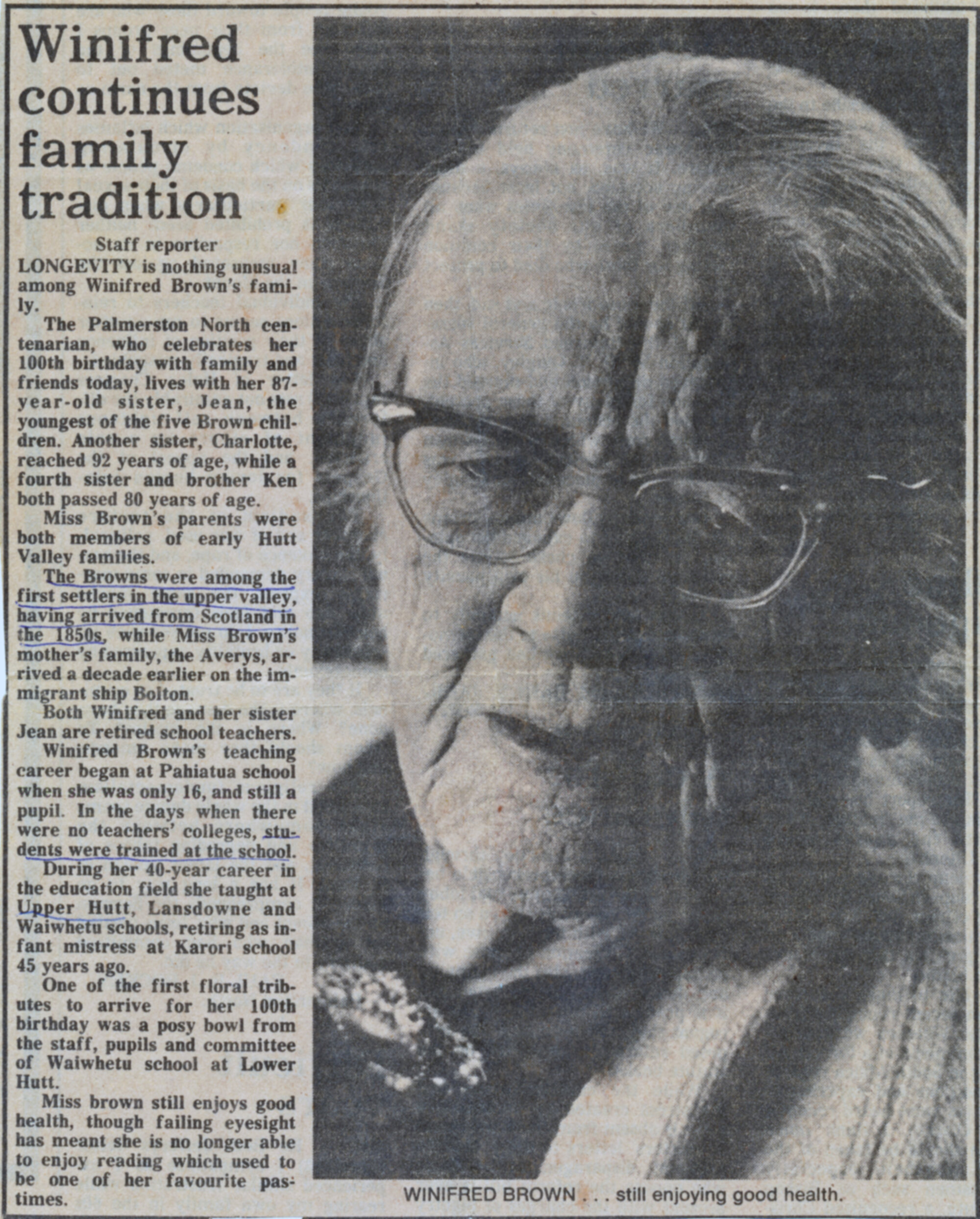 Winifred Brown; 100th birthday newspaper article