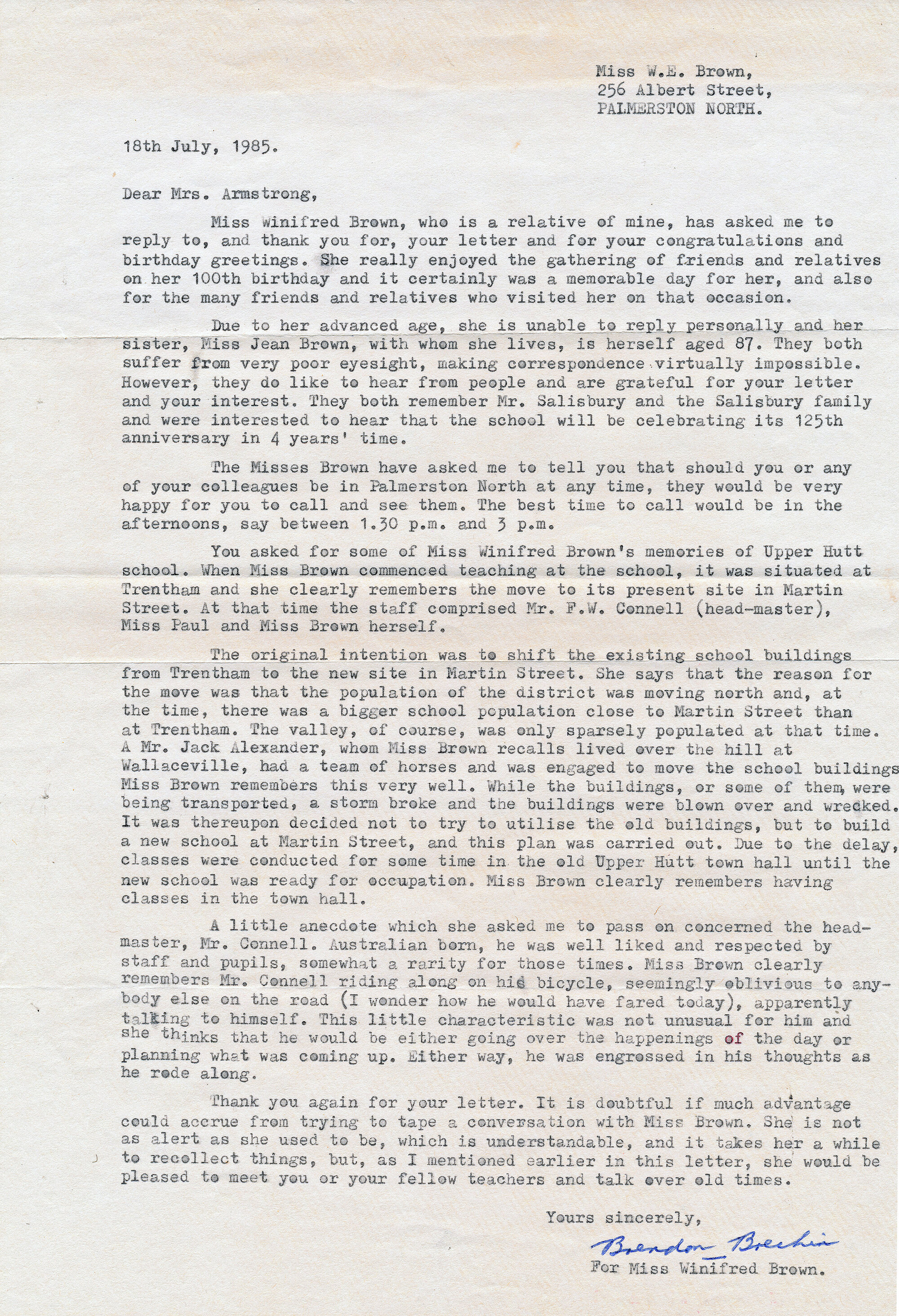 Winifred Brown; letter re: 100th birthday celebrations